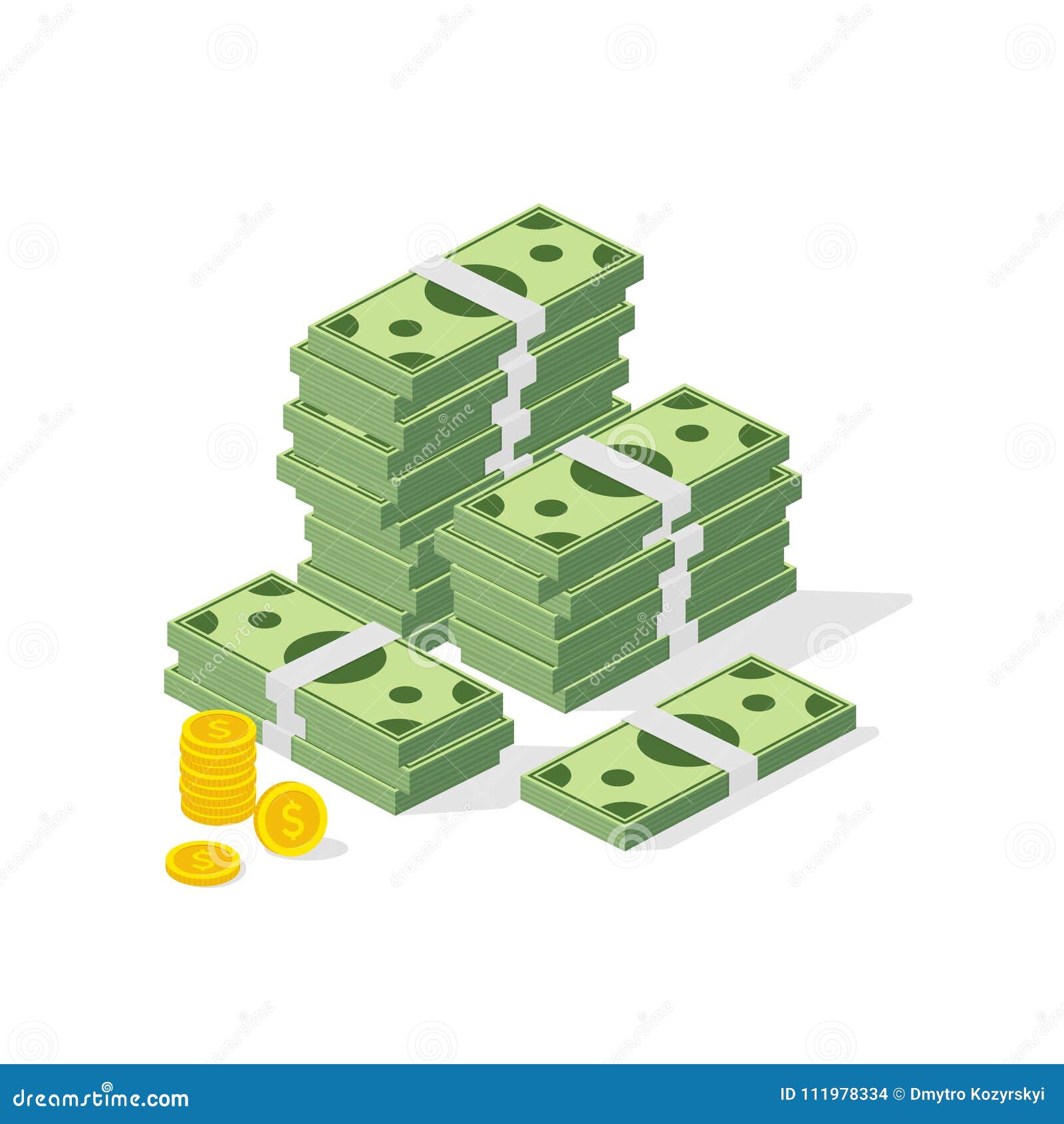 big pile of cash. concept of big money. hundreds of dollars and coins.  isometric .