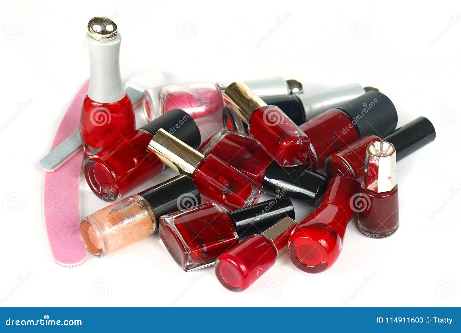 Pile of red nail polishes stock image. Image of varnish - 114911603