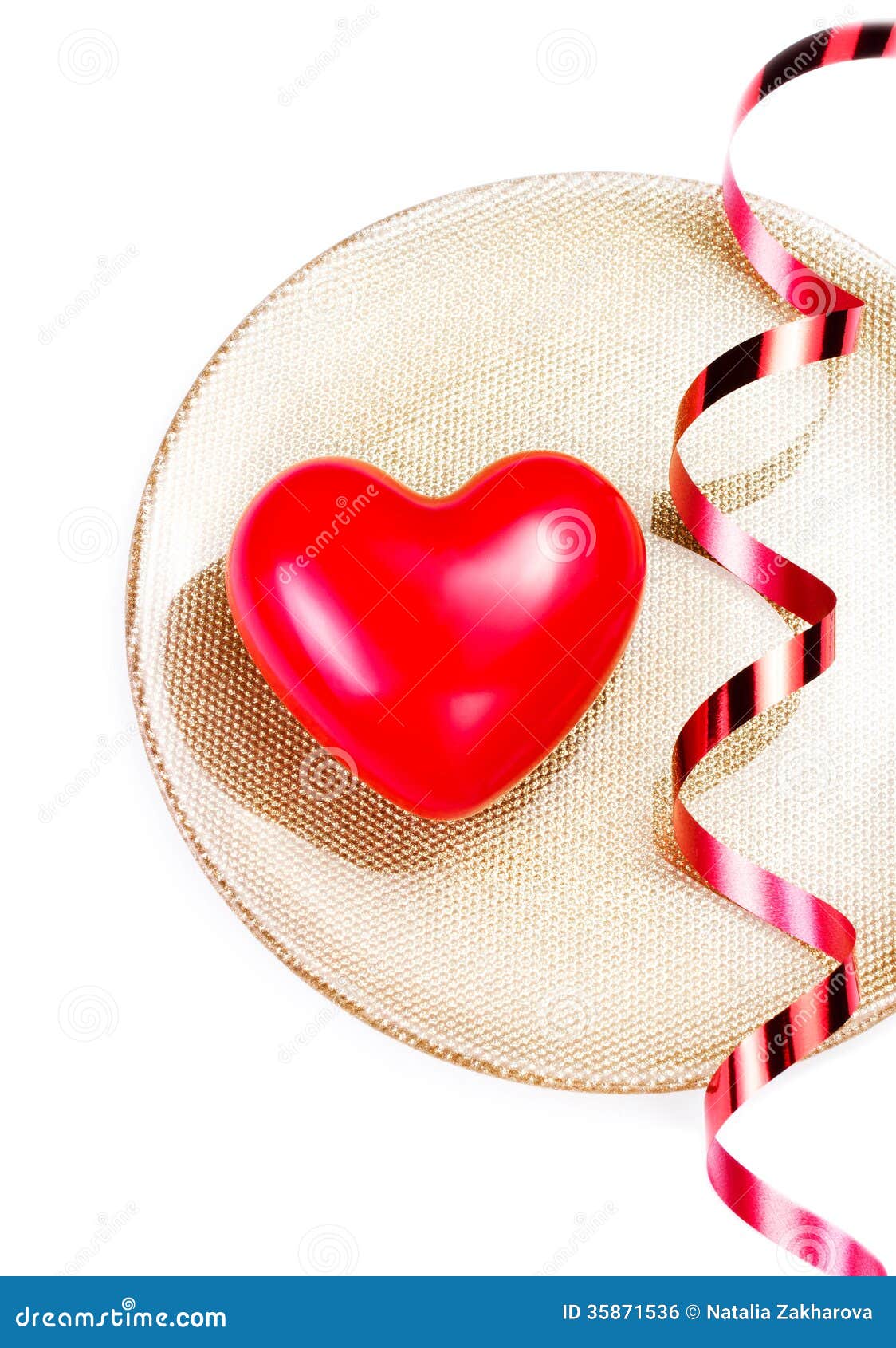 Big Red Heart on a Golden Plate Isolated on White with Festive R ...