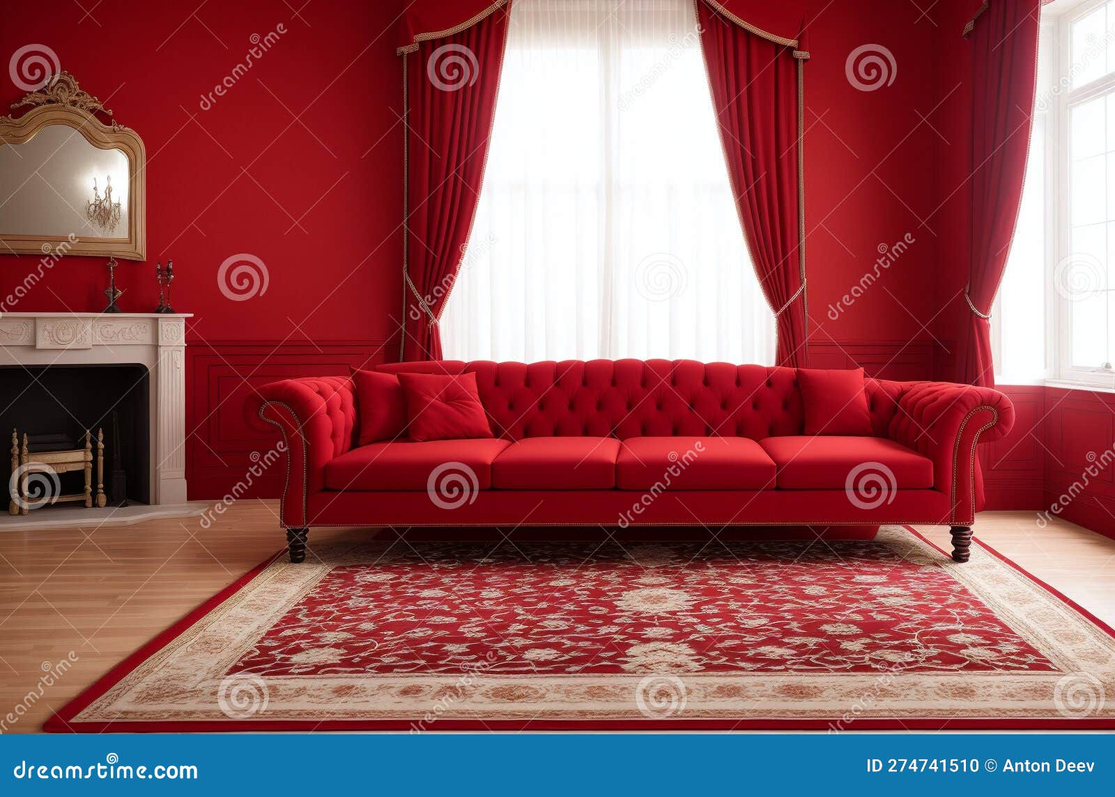 Big Red Sofa in Red Room. Bright Interior in Apartment. Generative AI