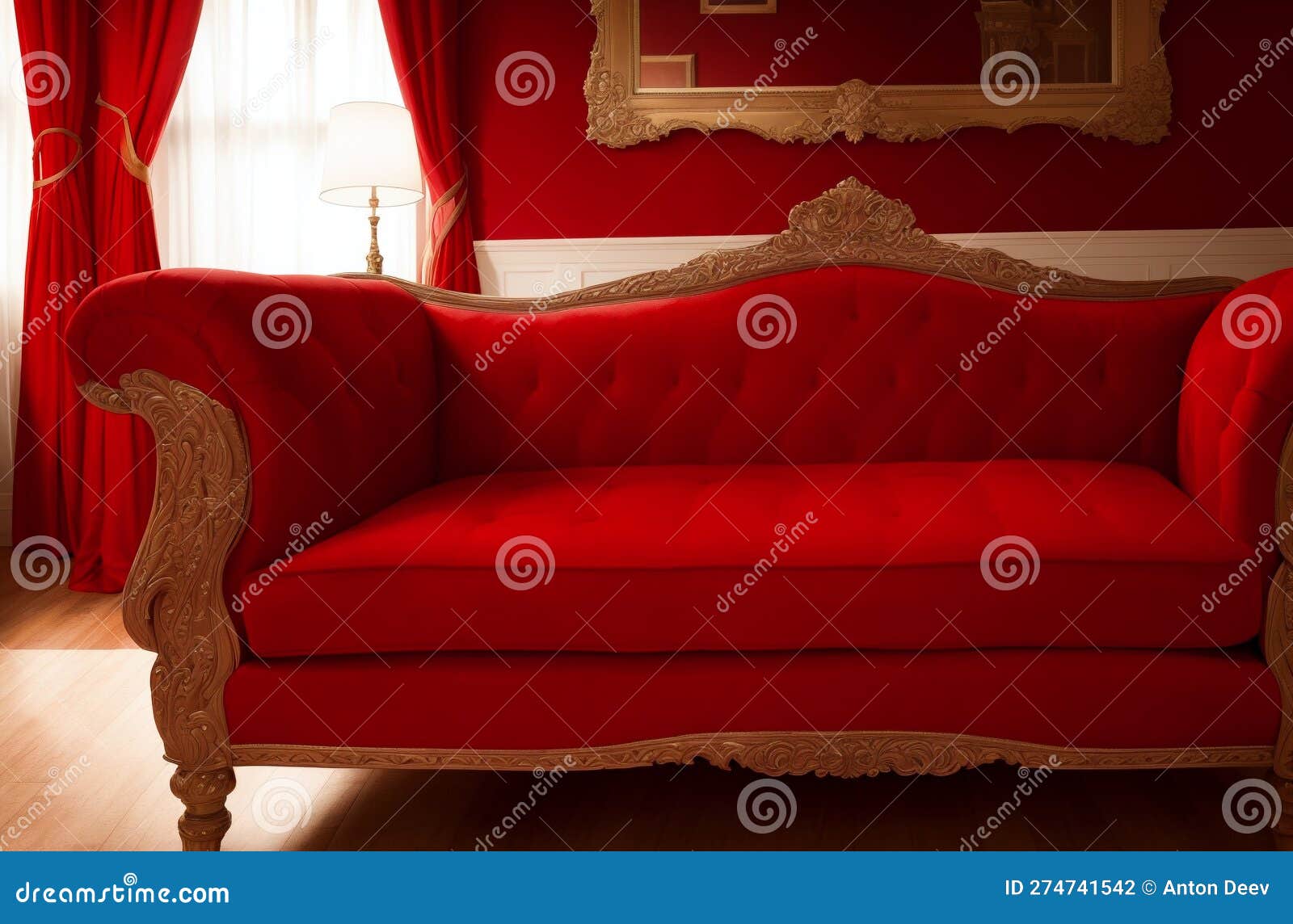 Big Red Sofa in Red Room. Bright Interior in Apartment. Generative AI