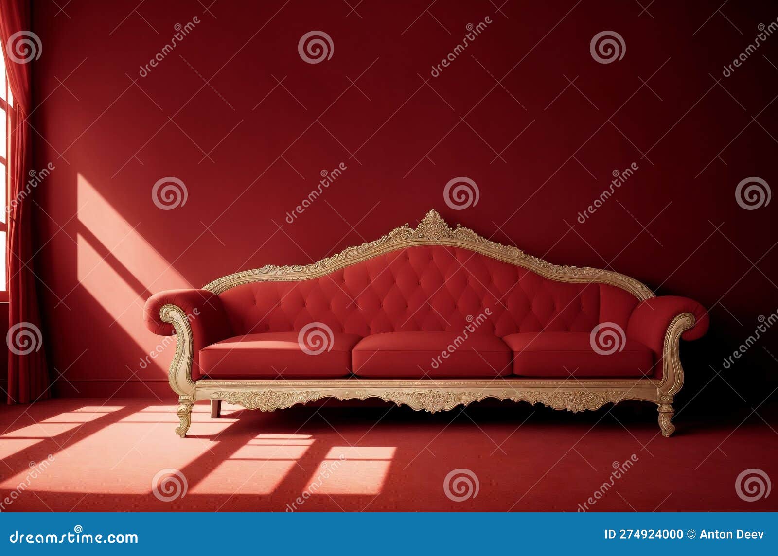Big Red Sofa in Red Room. Bright Interior in Apartment. Generative AI