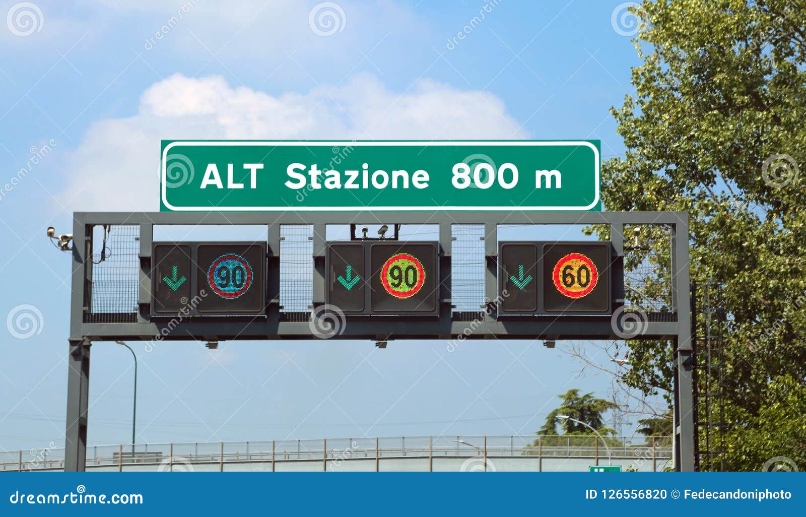 big road signs on the highway the text means stop station at 800