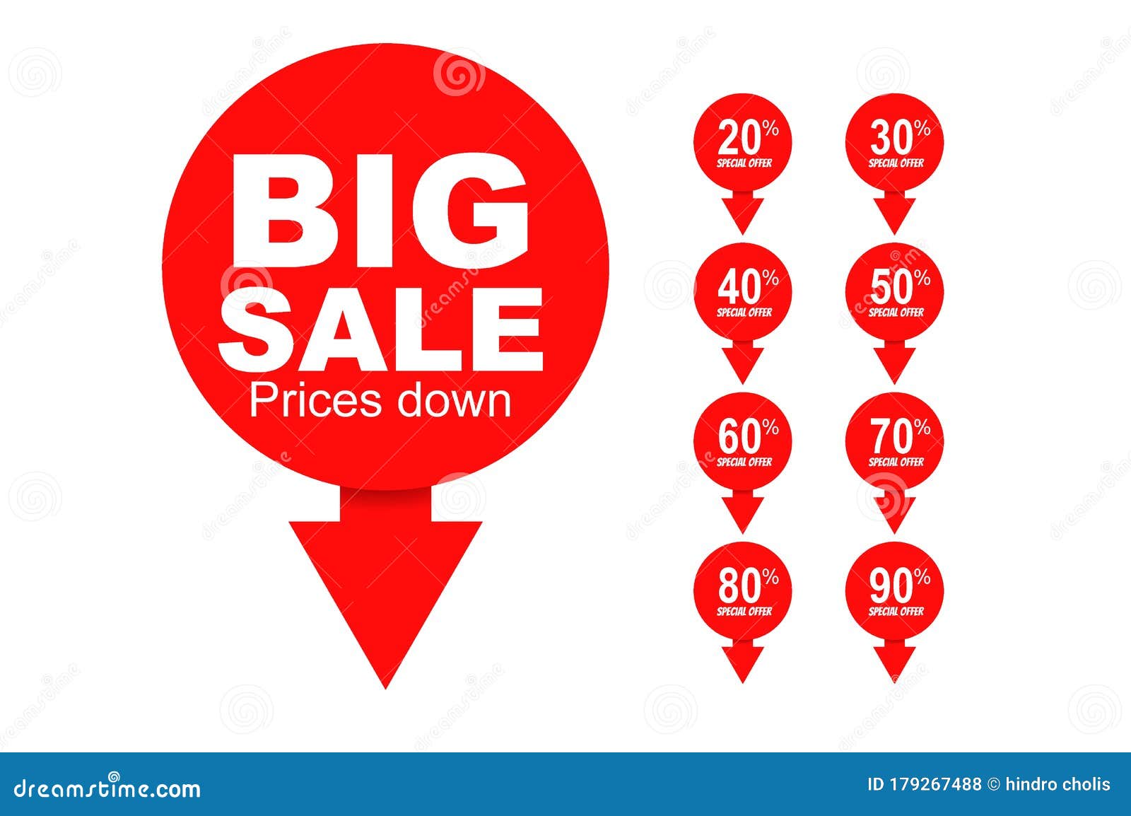 big sale tags with sale up to 20 - 90 percent text on circle tags with arrow down composition.