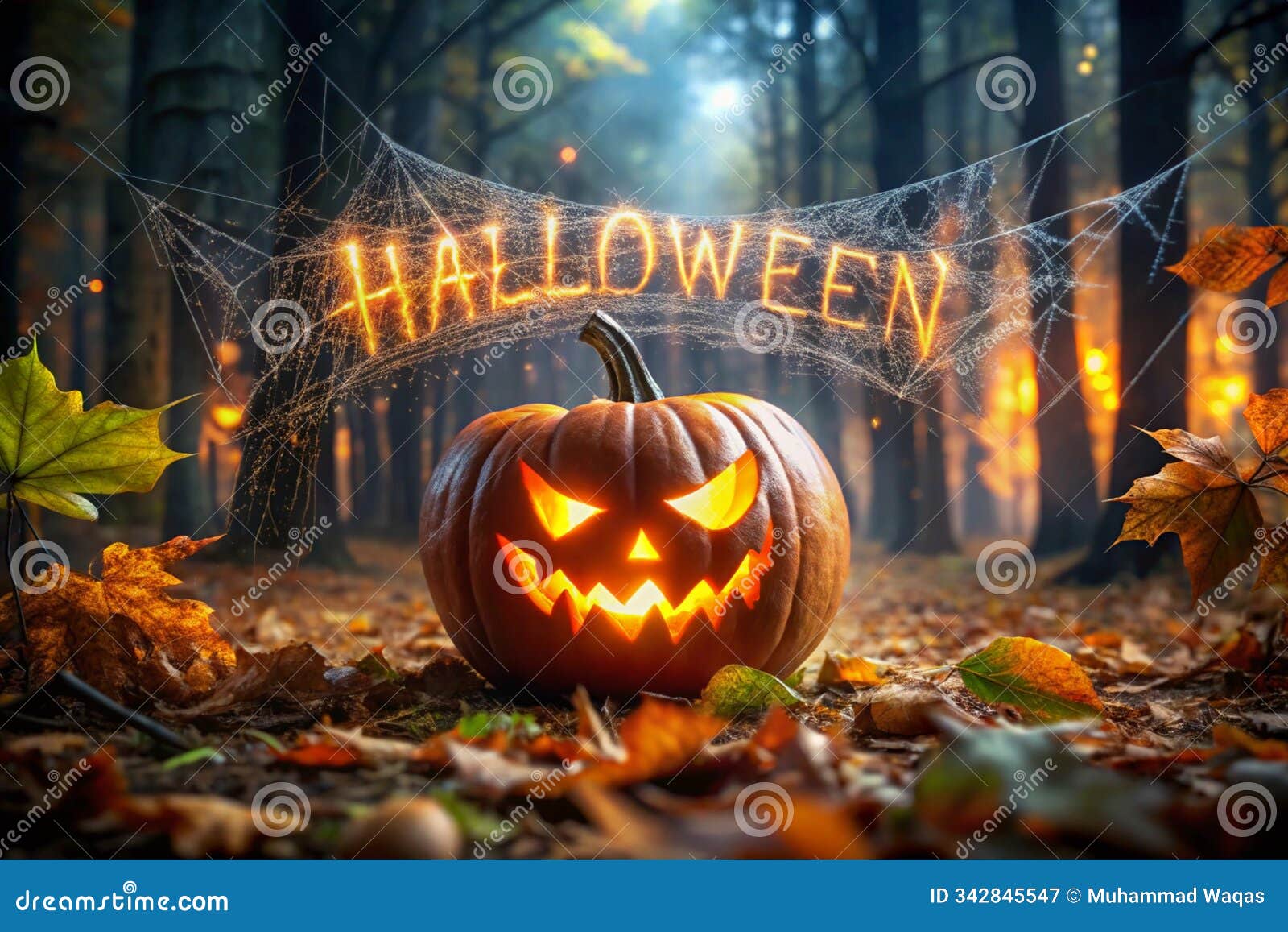 a big scary pumpkin jack-o-lantern in the center of a spooky forest with lots of autumn leaves and spiderwebs