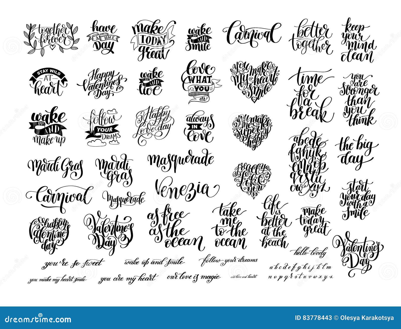 big set of black and white handwritten lettering positive