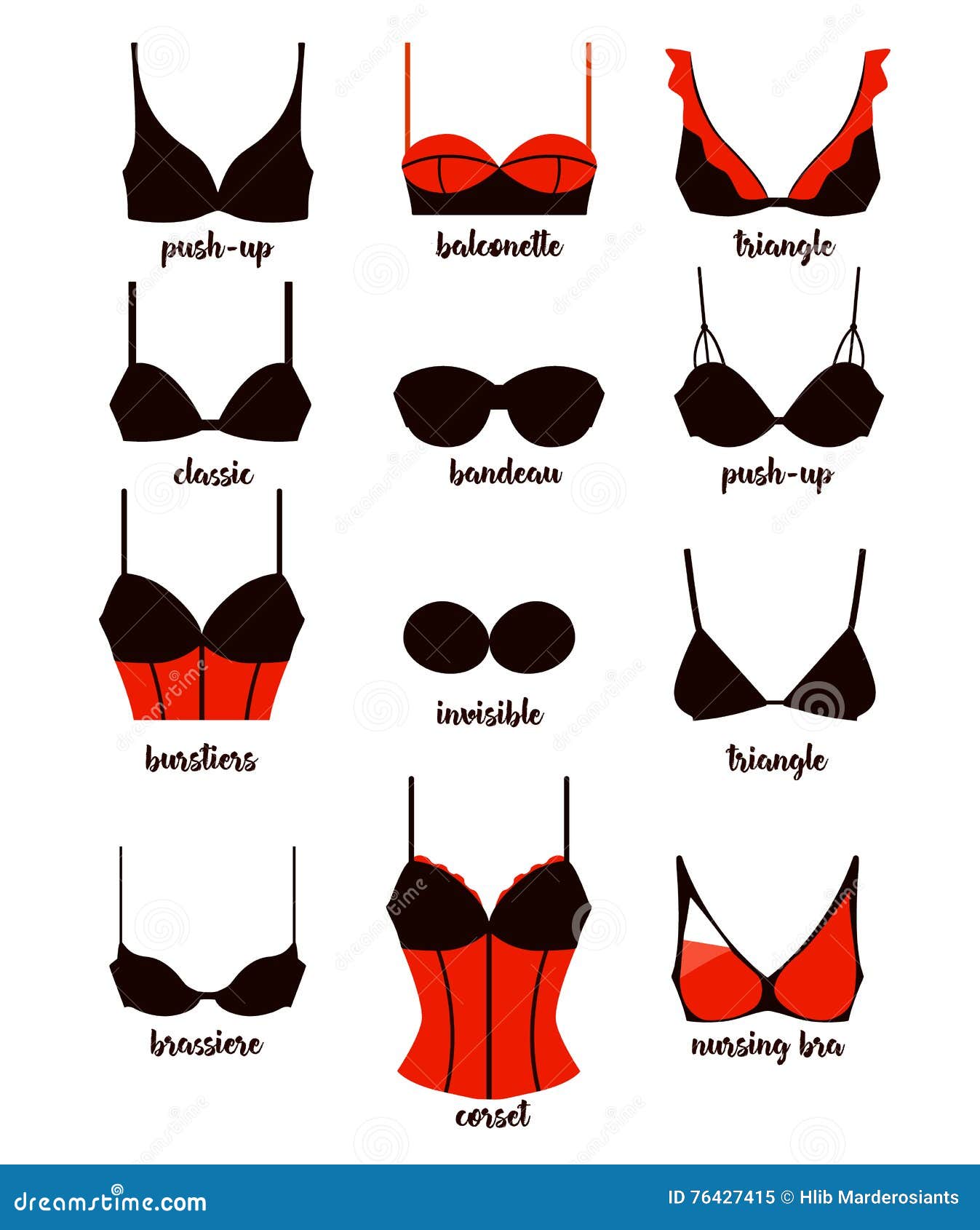 Types Women's Panties Bras Set Underwear Vector Illustration Stock