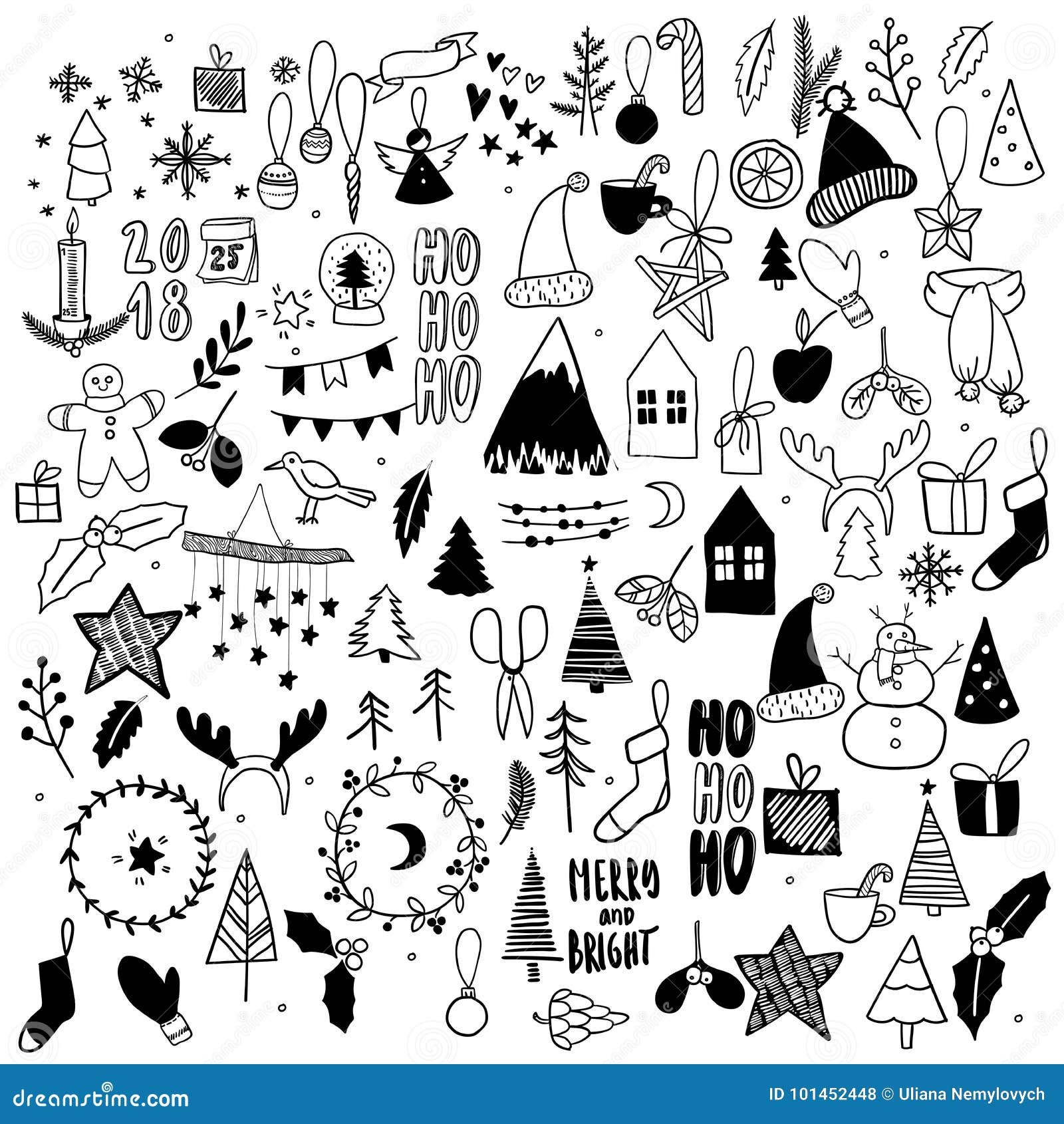 Big set of Christmas doodles Hand drawn vector icons Xmas and New Year scrapbooking