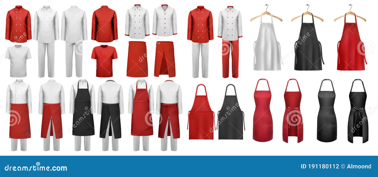 big set of culinary clothing, white and red suits and aprons.