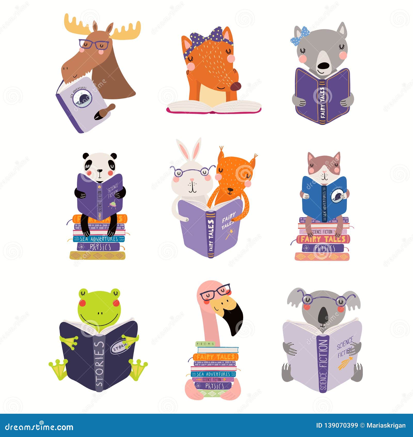 set of cute reading animals