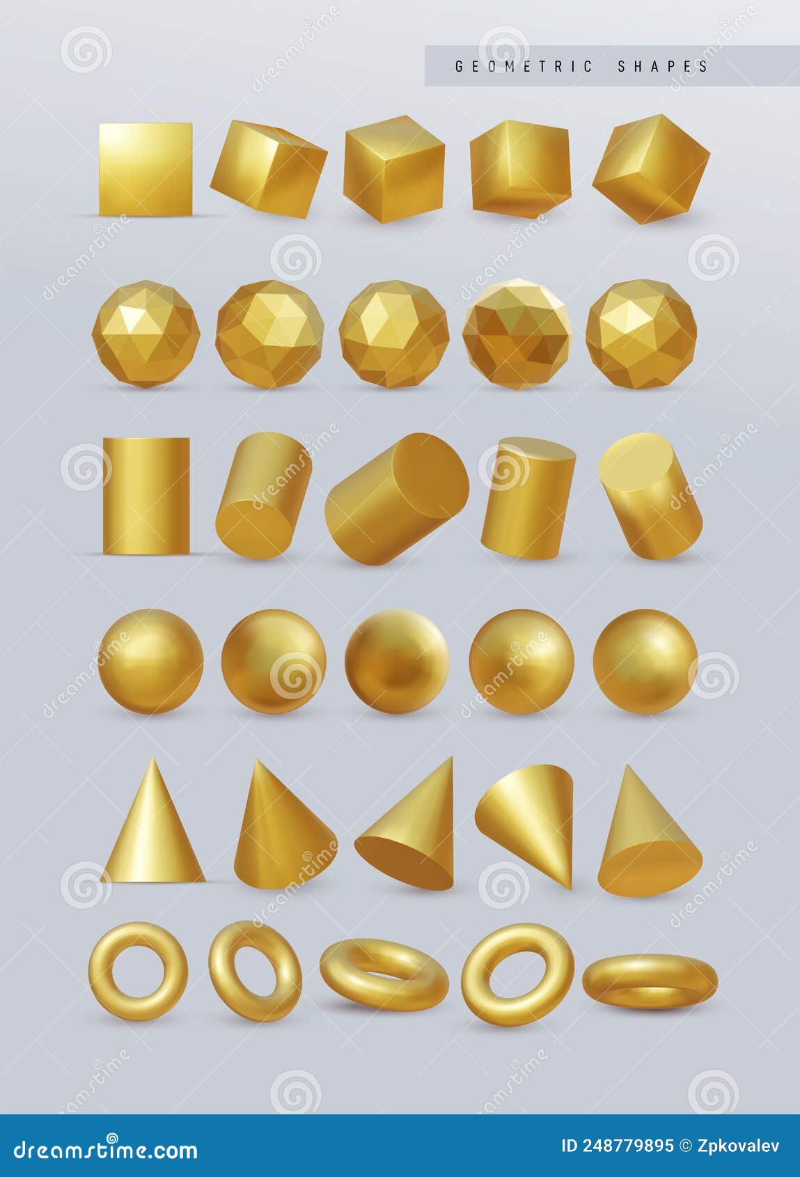 Big Set of 3d Gold Geometry. Vector Realistic Render Square, Ball