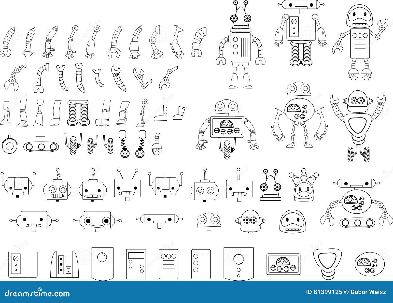 big set of different robot parts in black and white