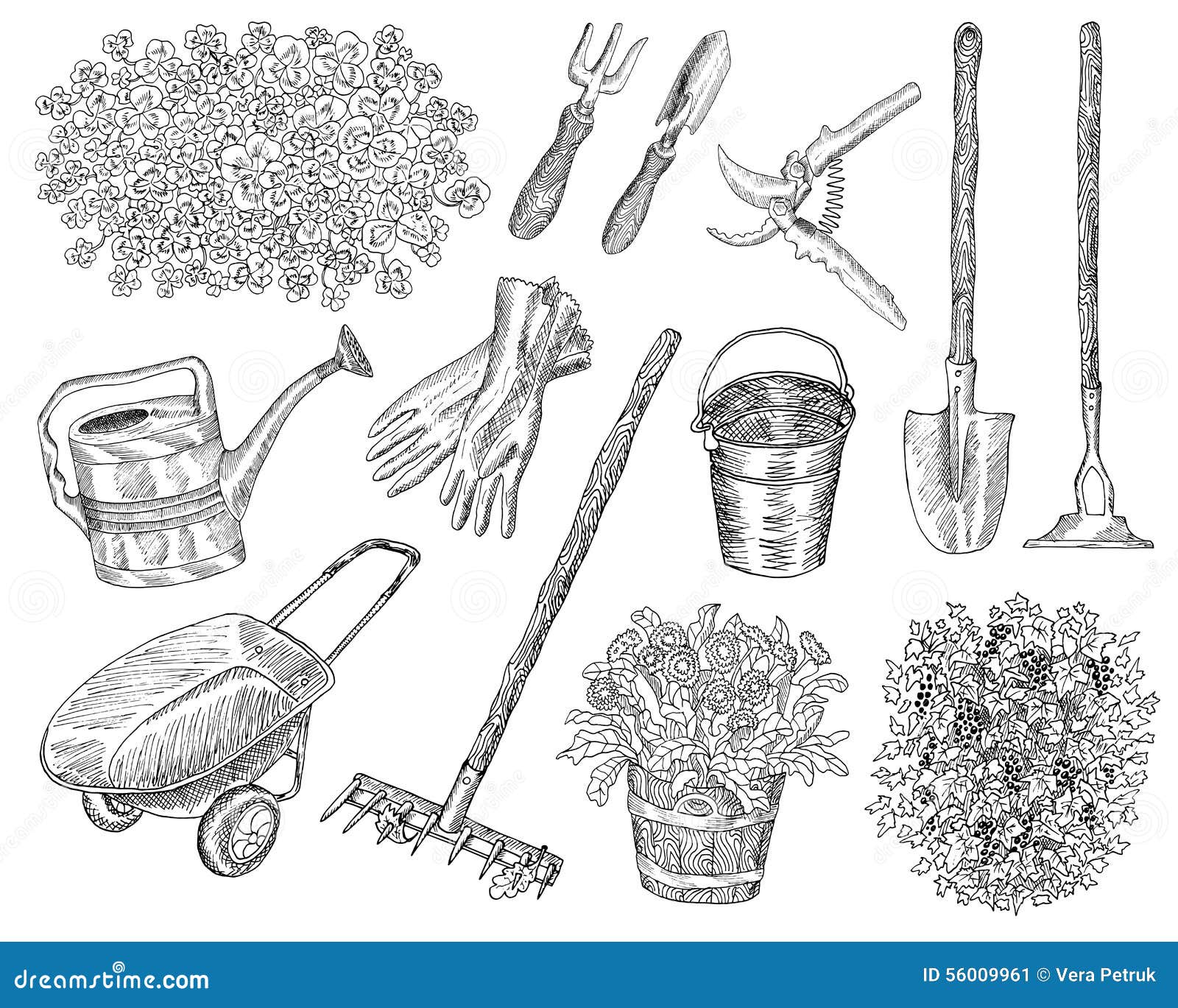 Big Set with Garden Tools and Plants Stock Vector Illustration of