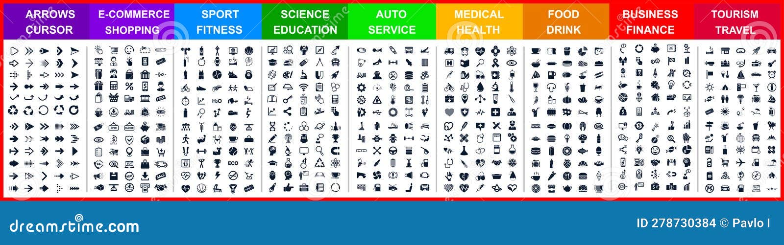 big set icons by category: arrows, shopping, sport, science, auto, medical, food drink, business, travel and many more
