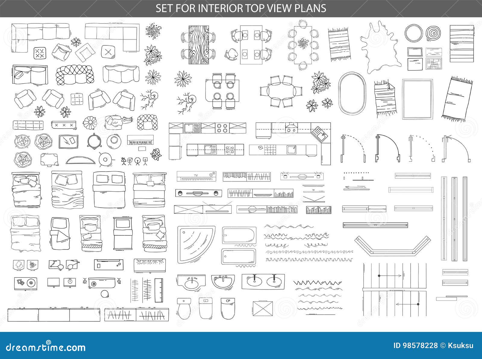 big set of icons for interior top view plans