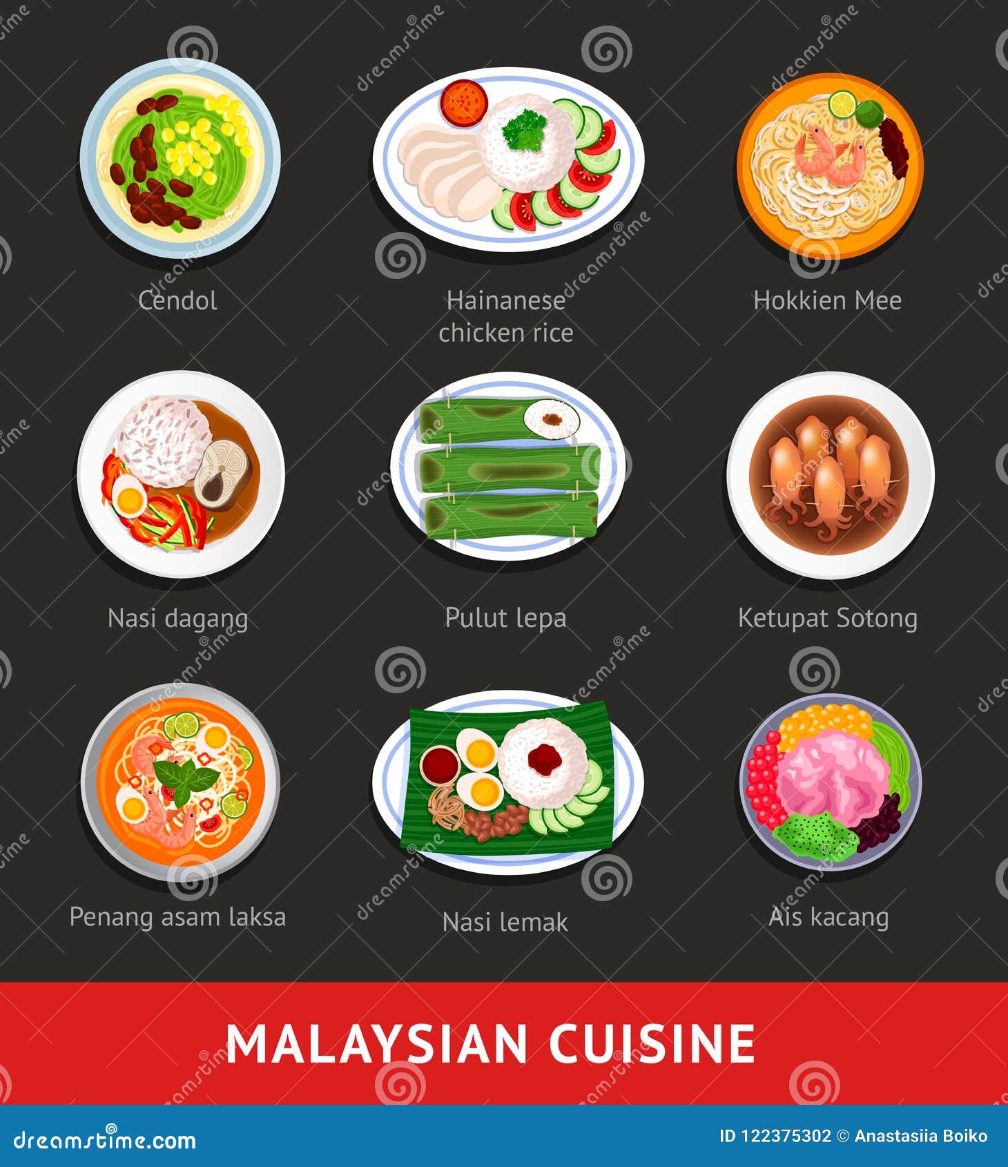 Big Set of Malaysian Food. Asian Traditional Cuisine Stock Vector