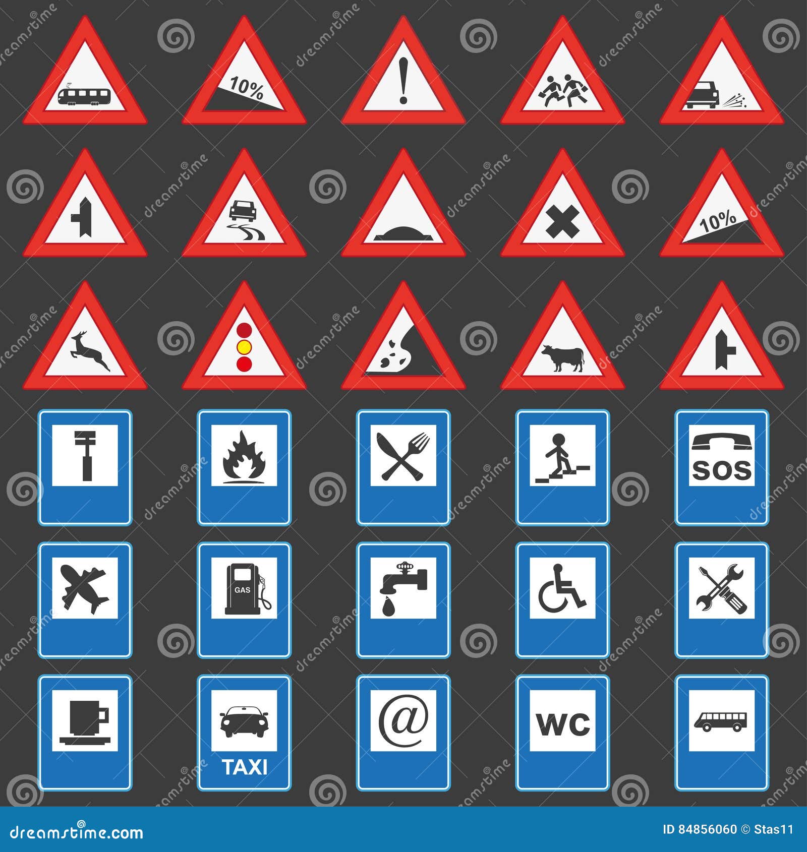Big Set of Road Signs. Red and Blue Stock Vector Illustration of