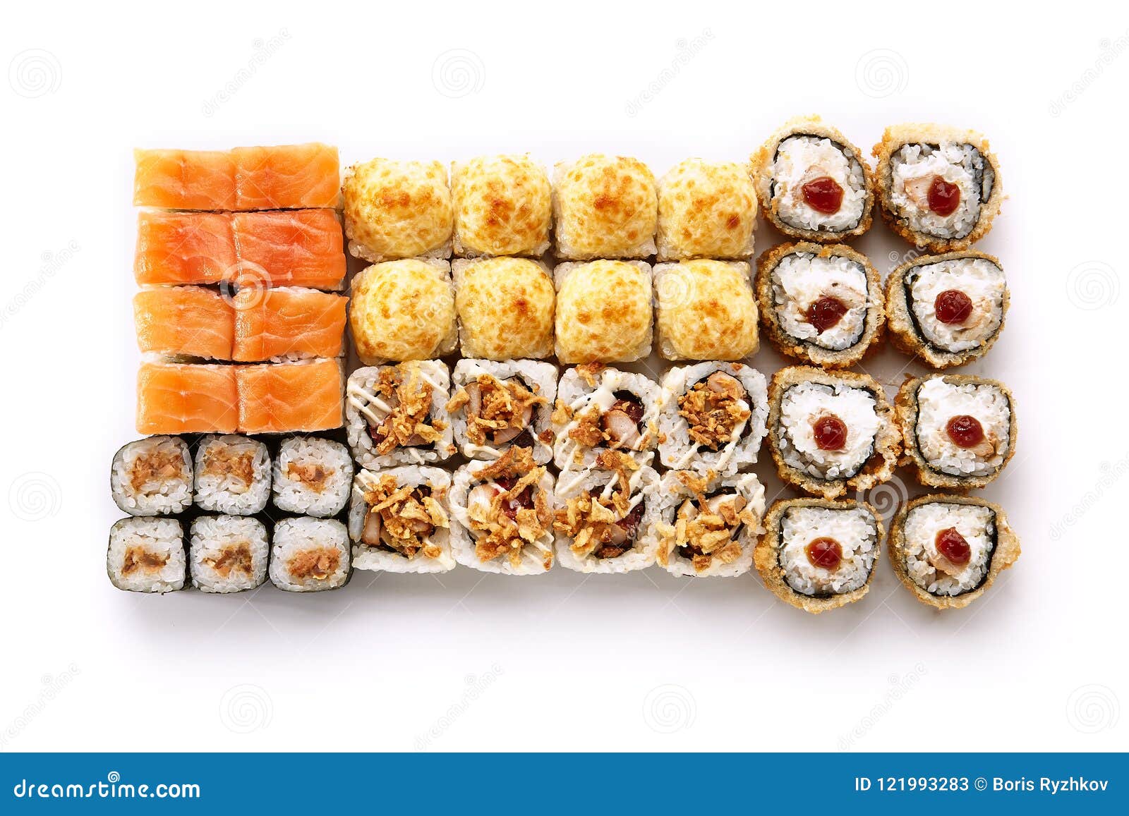 big set of various maki sushi or norimaki rolles top view