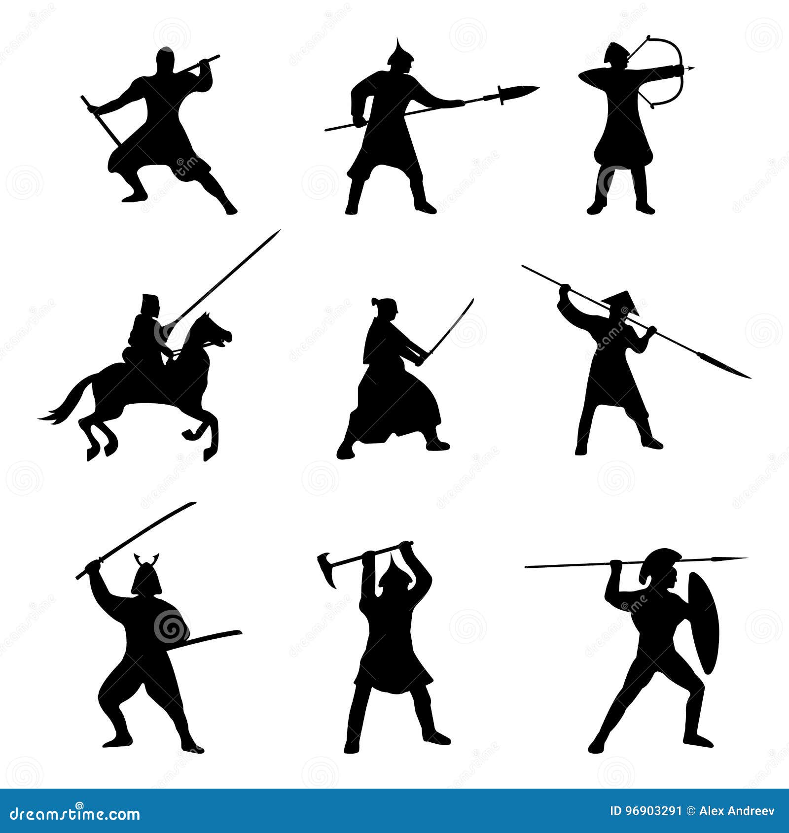 The Big Set Of Warriors Silhouette On White Background Stock Vector