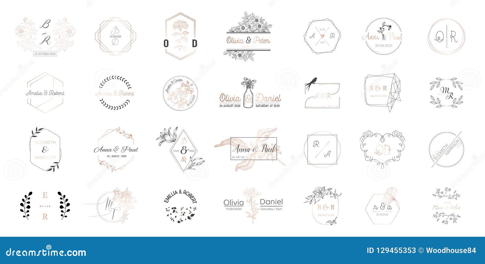 big set of wedding monogram logos collection, hand drawn modern minimalistic and floral templates for invitation cards