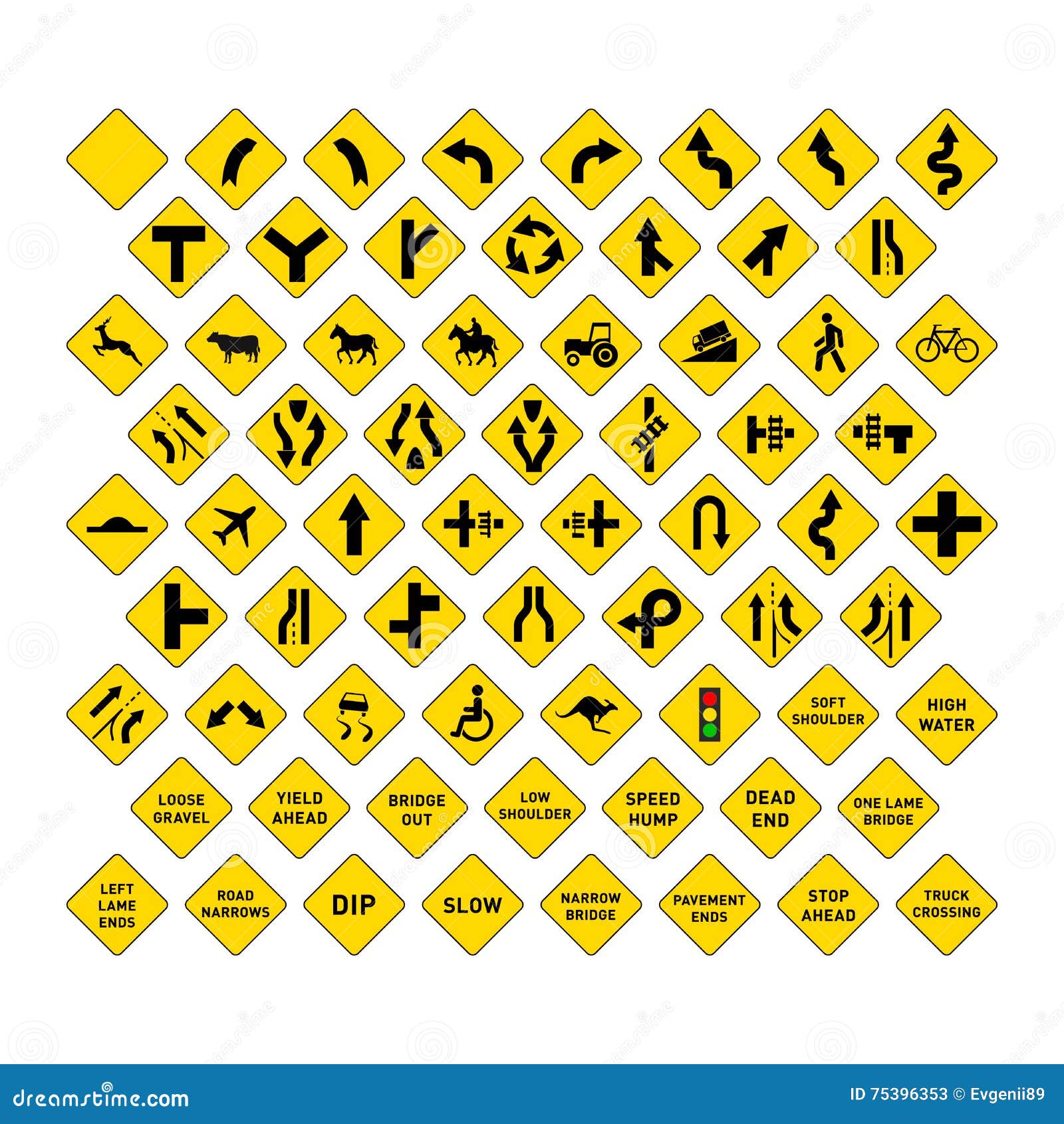 Big Set of Yellow Road Signs on White Stock Illustration Illustration of limit, roadsign 75396353