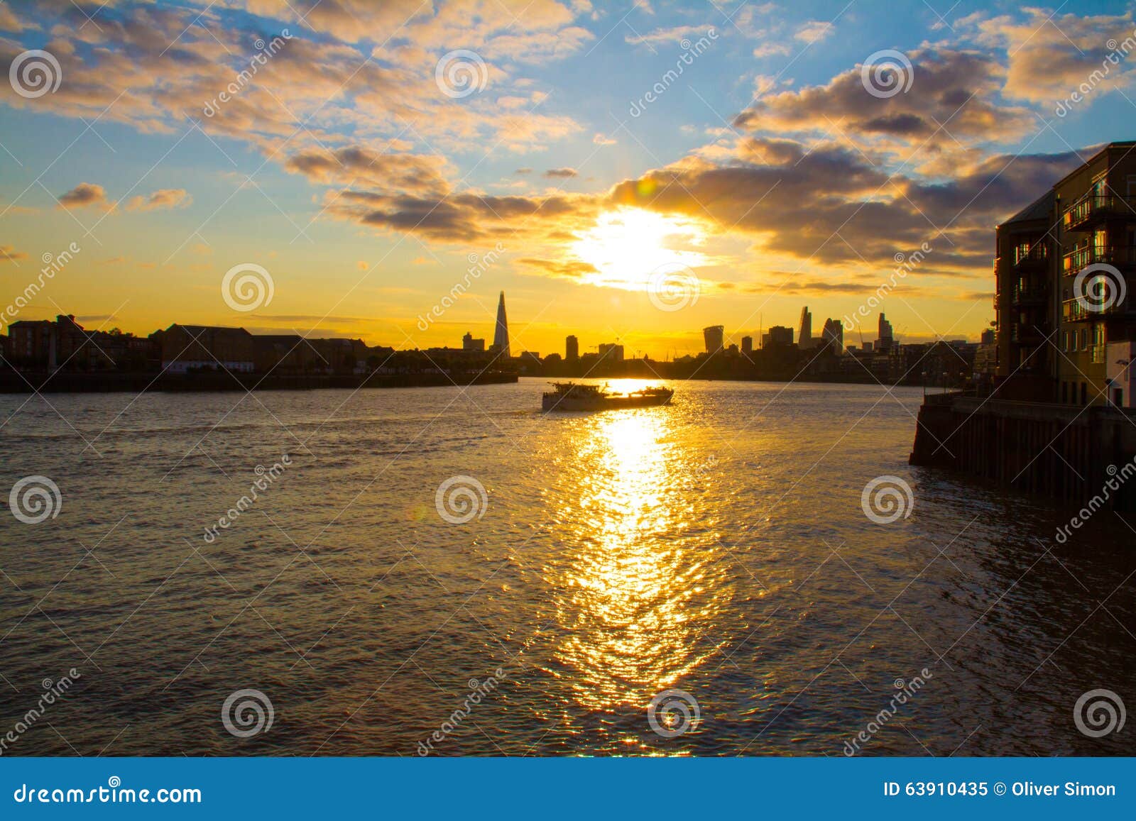 Big Sky and a Barge Boat on Thames River, London Stock Image - Image of ...