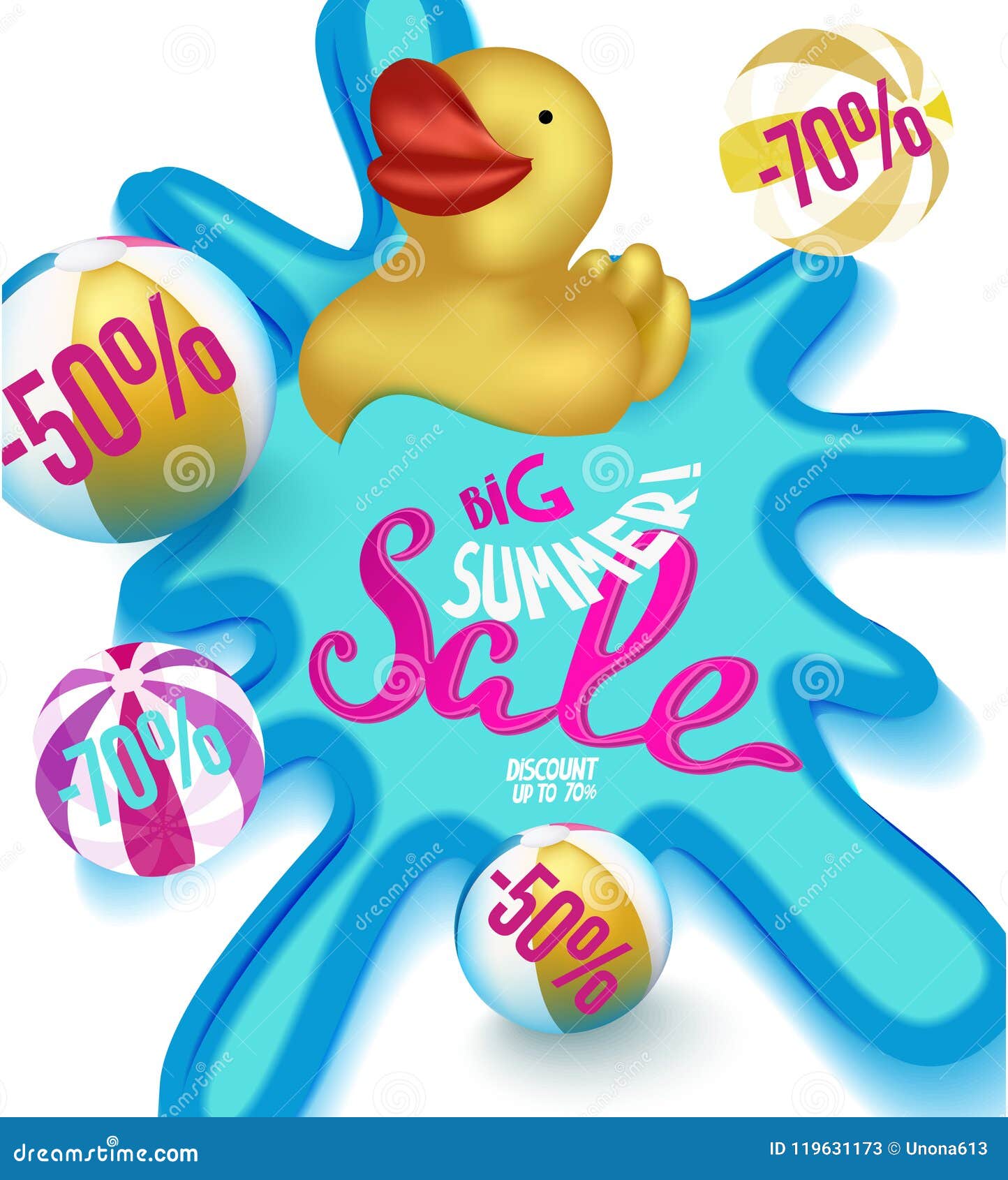 big summer sale banner with rubber toys in a sweaming pool.