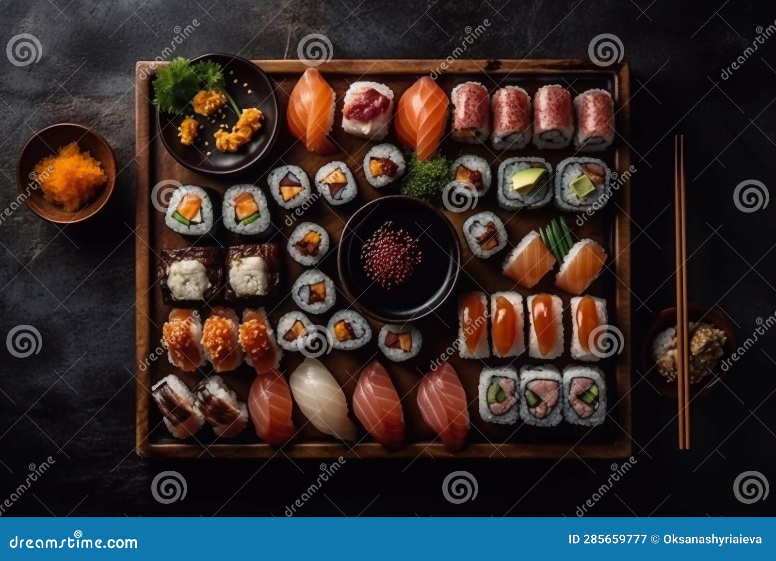 Big Sushi Roll Set Top View. Flat Lay with Lots of Sushi and Rolls