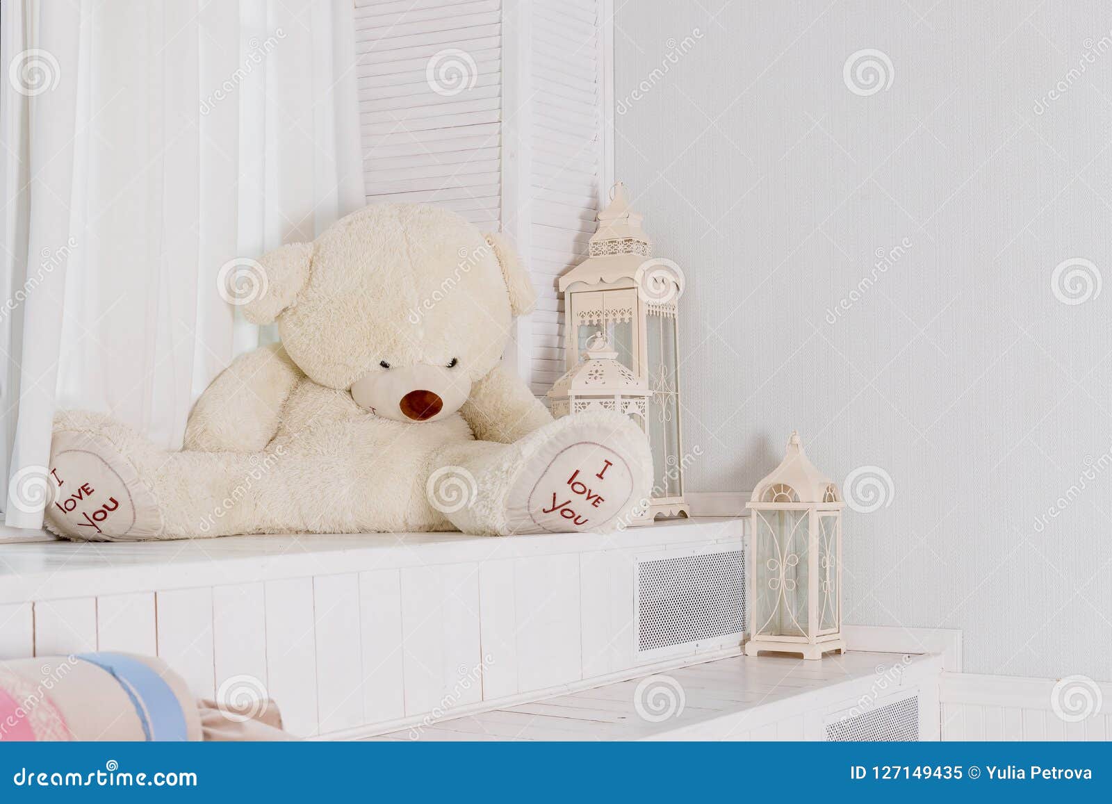 Big Teddy Bear Near Big White Lantern,pillows in Girly Room ...