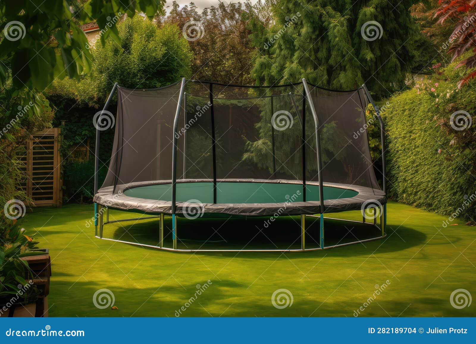 Big Trampoline in a Green Back Garden, AI Generated Stock Illustration