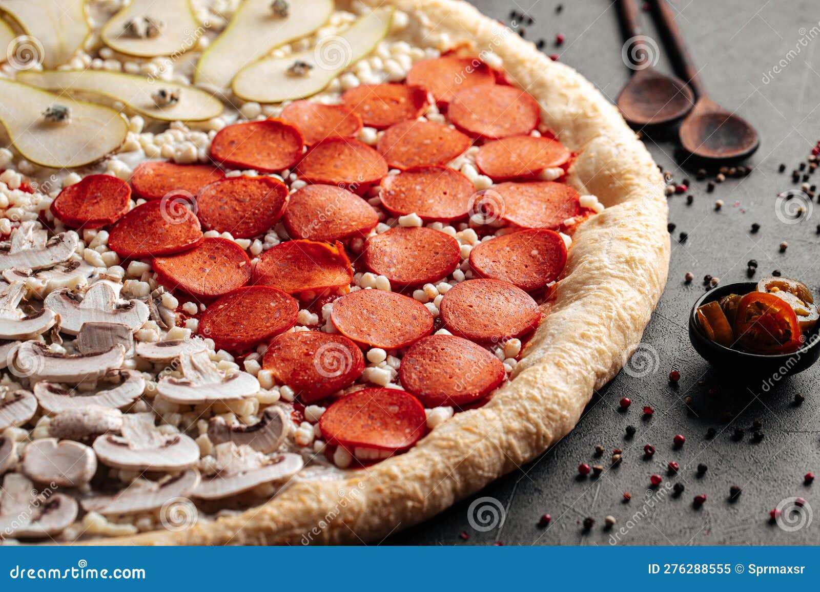 Big Uncooked Pizza with Variety of Toppings Stock Image Image of