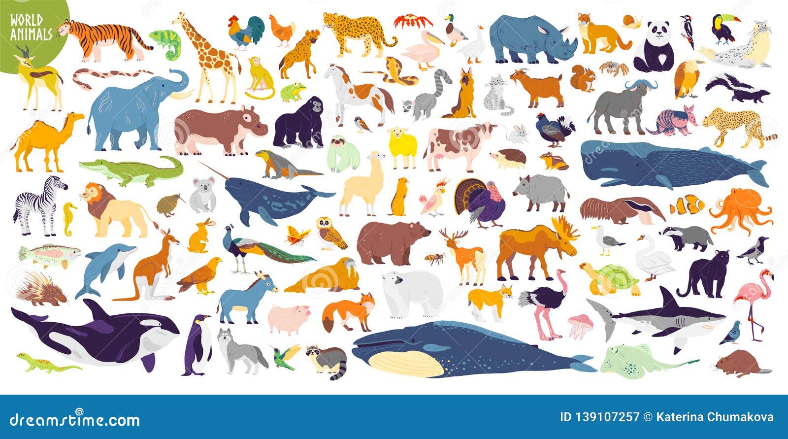 big  set of different world wild animals, mammals, fish, reptiles and birds. rare animals. funny flat characters, good for b