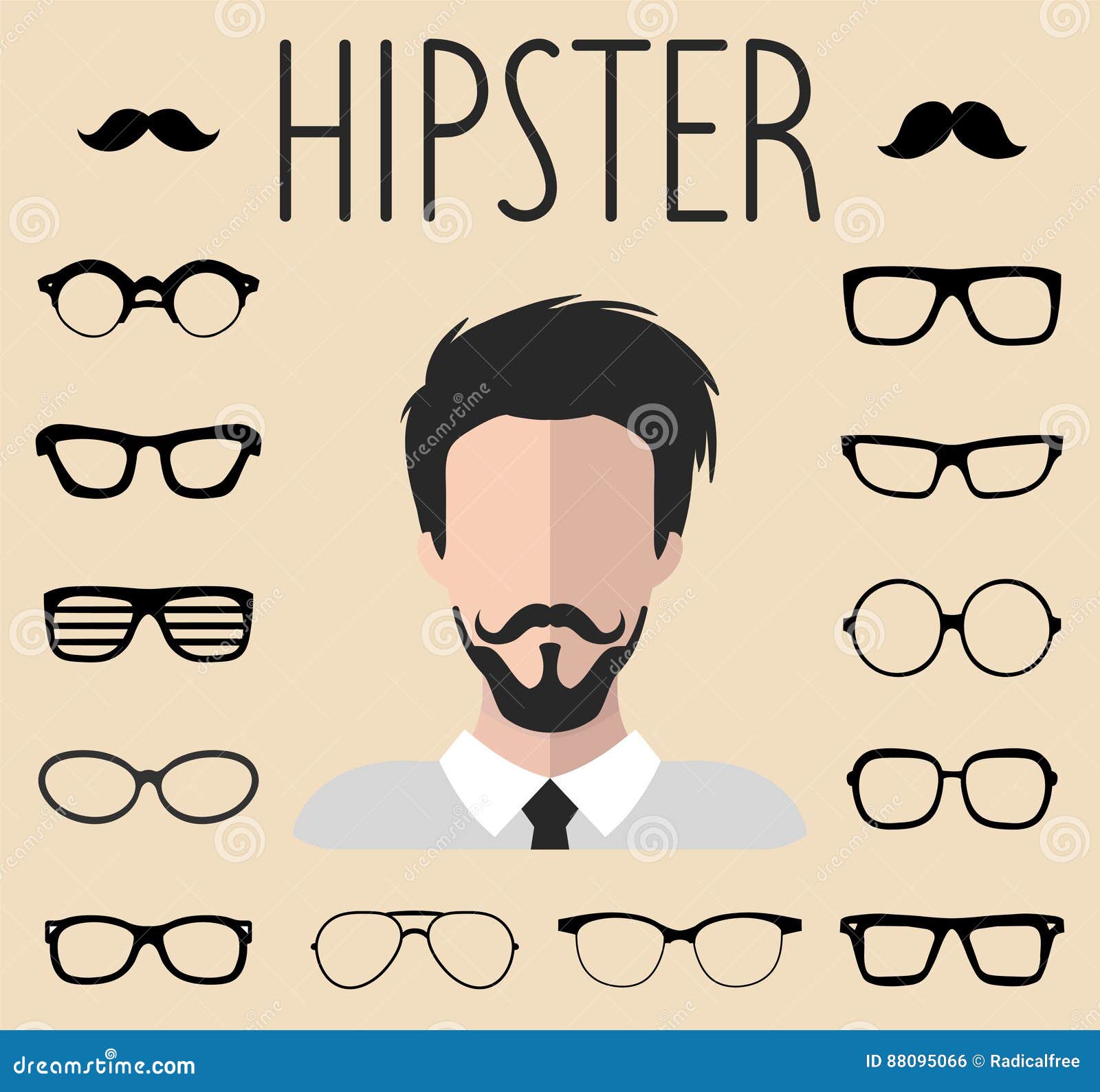 Set of hipster men. Hipster styles with different haircuts, glasses,  fashion styles, beard and mustache Stock Vector