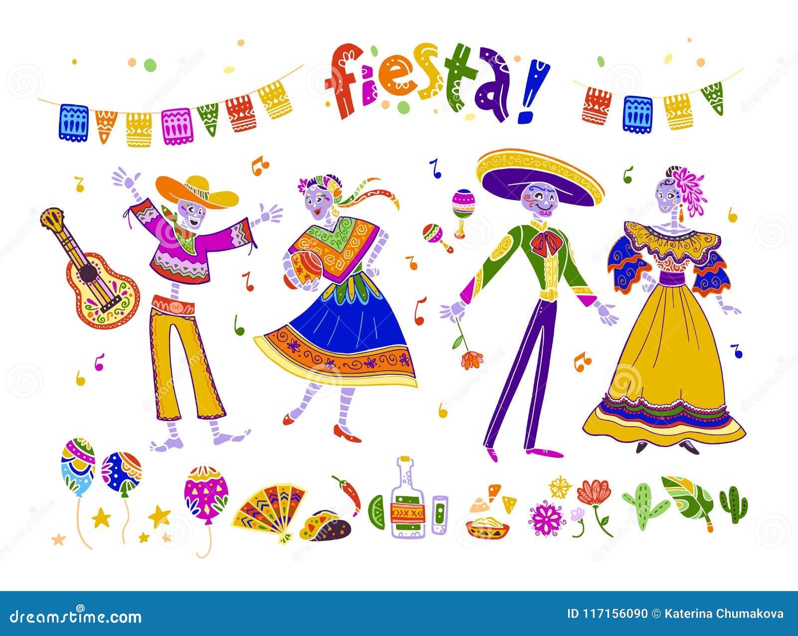 big  set of fiesta s, s & skeleton characters in flat hand drawn style  on white background