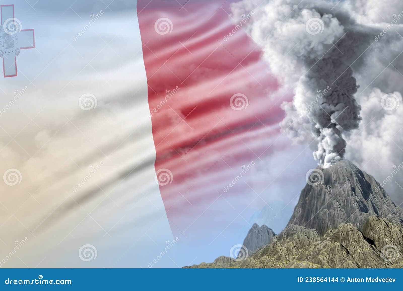 Big Volcano Eruption at Day Time with White Smoke on Malta Flag