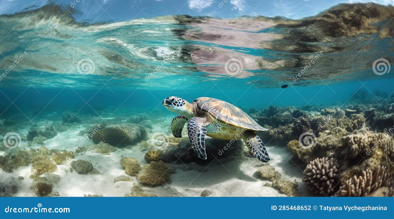 Big Water Turtle Swimming in the Ocean Near the Bottom Stock Photo