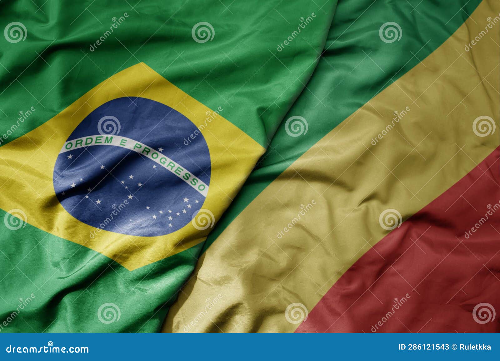 big waving realistic national colorful flag of brazil and national flag of republic of the congo