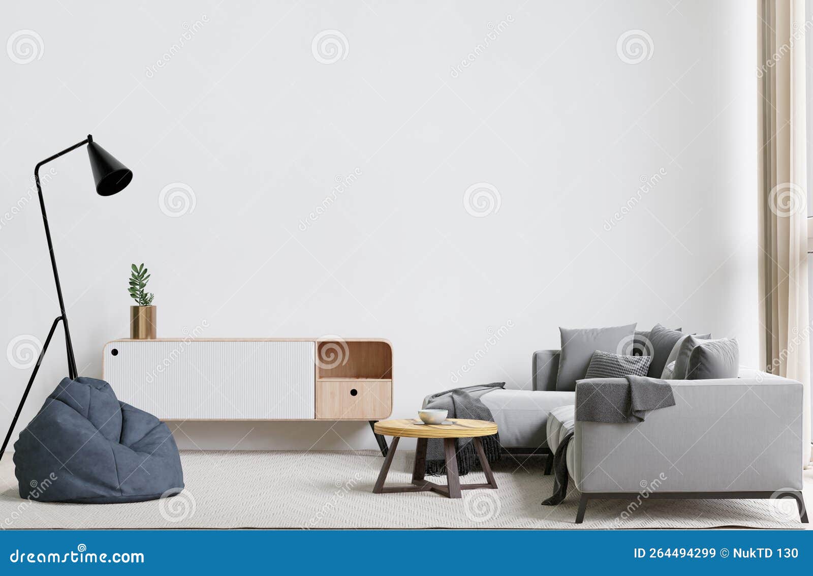 big white living room.interior ,grey sofa,lamp,wooden table,carpet wall for copy space