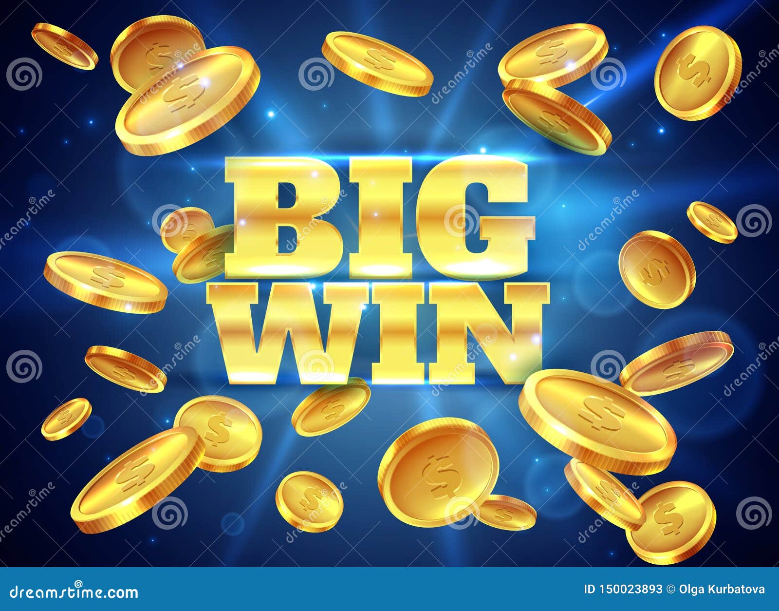 big win. prize label with gold flying coins, winning game. casino cash money jackpot gambling  abstract background