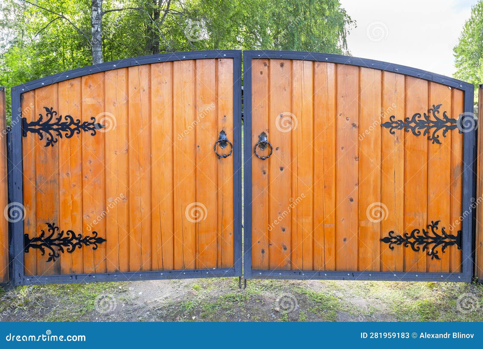 Big Wooden Gate with Metal Knobs and Door Hinges Stock Image Image of