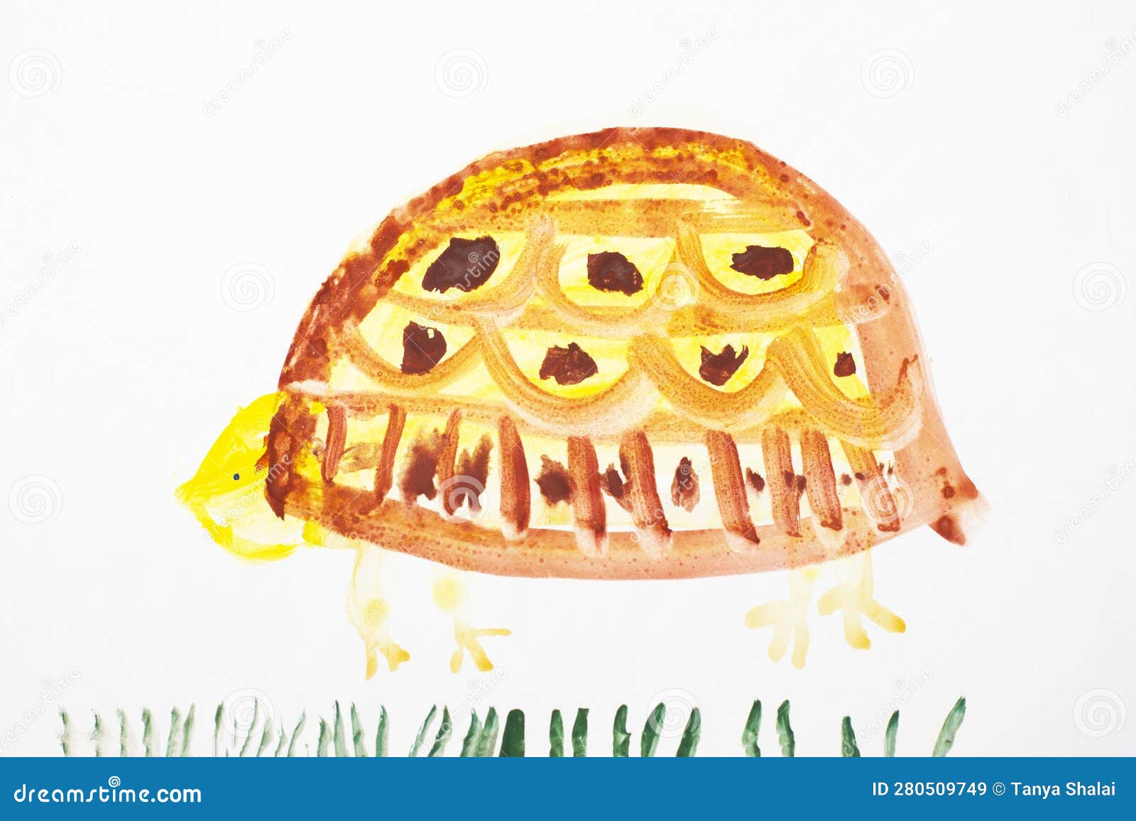 big yellow turtle. real drawing of a small child. drawing by watercolor.