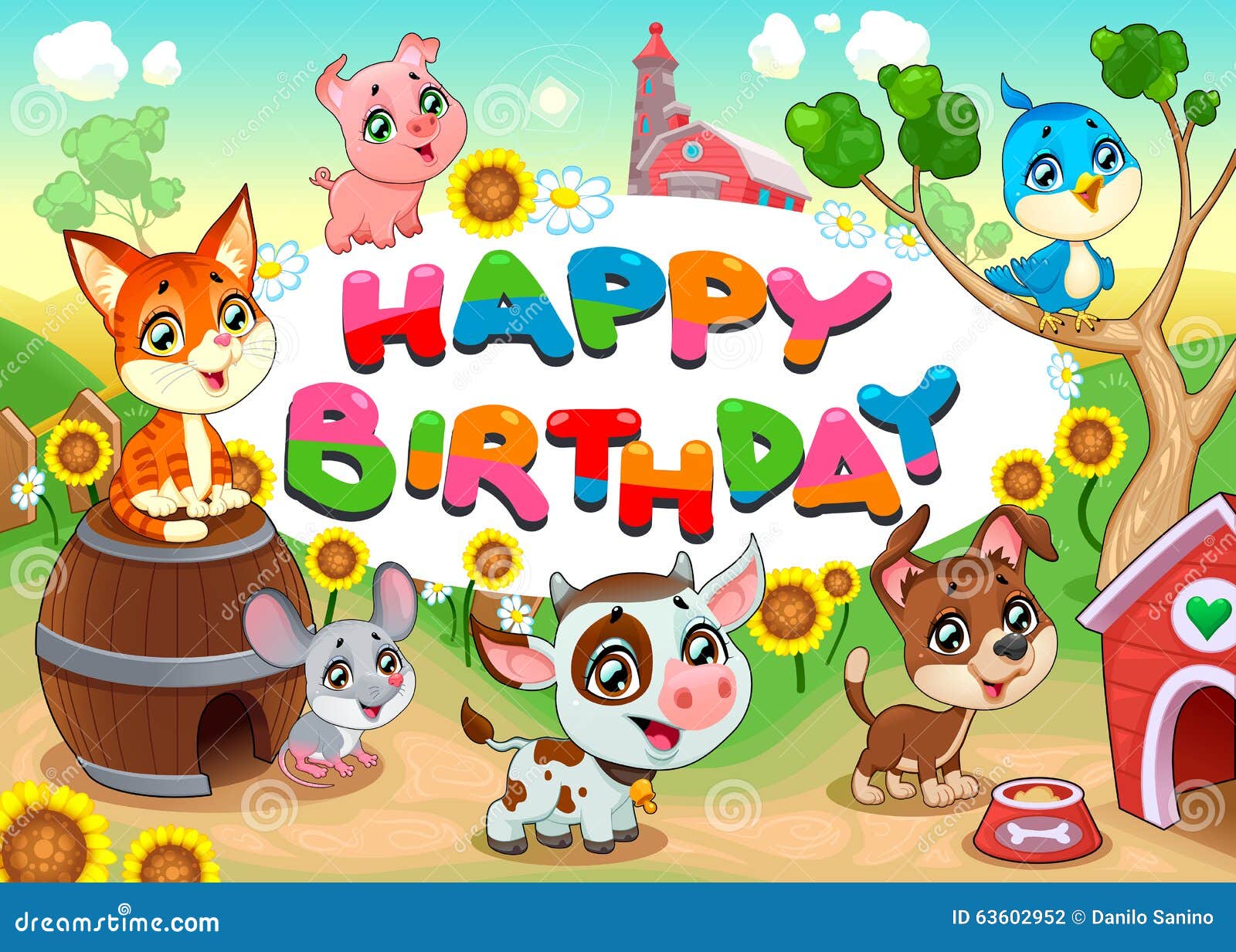 Biglietto Di Auguri Per Il Compleanno Felice Con Gli Animali Da Allevamento Illustrazione Vettoriale Illustrazione Di Scena Puppy