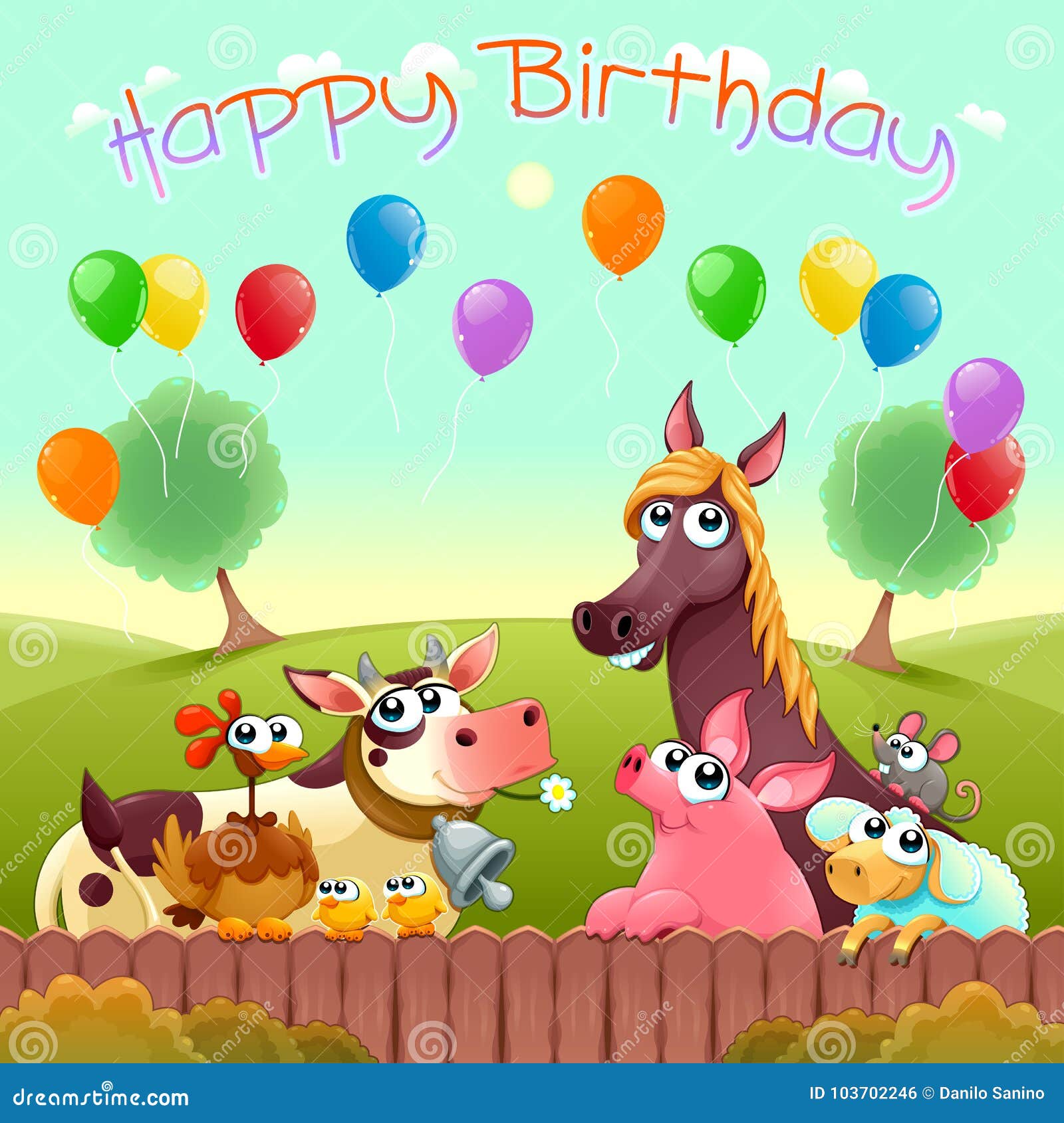 Biglietto Di Auguri Per Il Compleanno Felice Con Gli Animali Da Allevamento Svegli Nella Campagna Illustrazione Vettoriale Illustrazione Di Compleanno Scheda