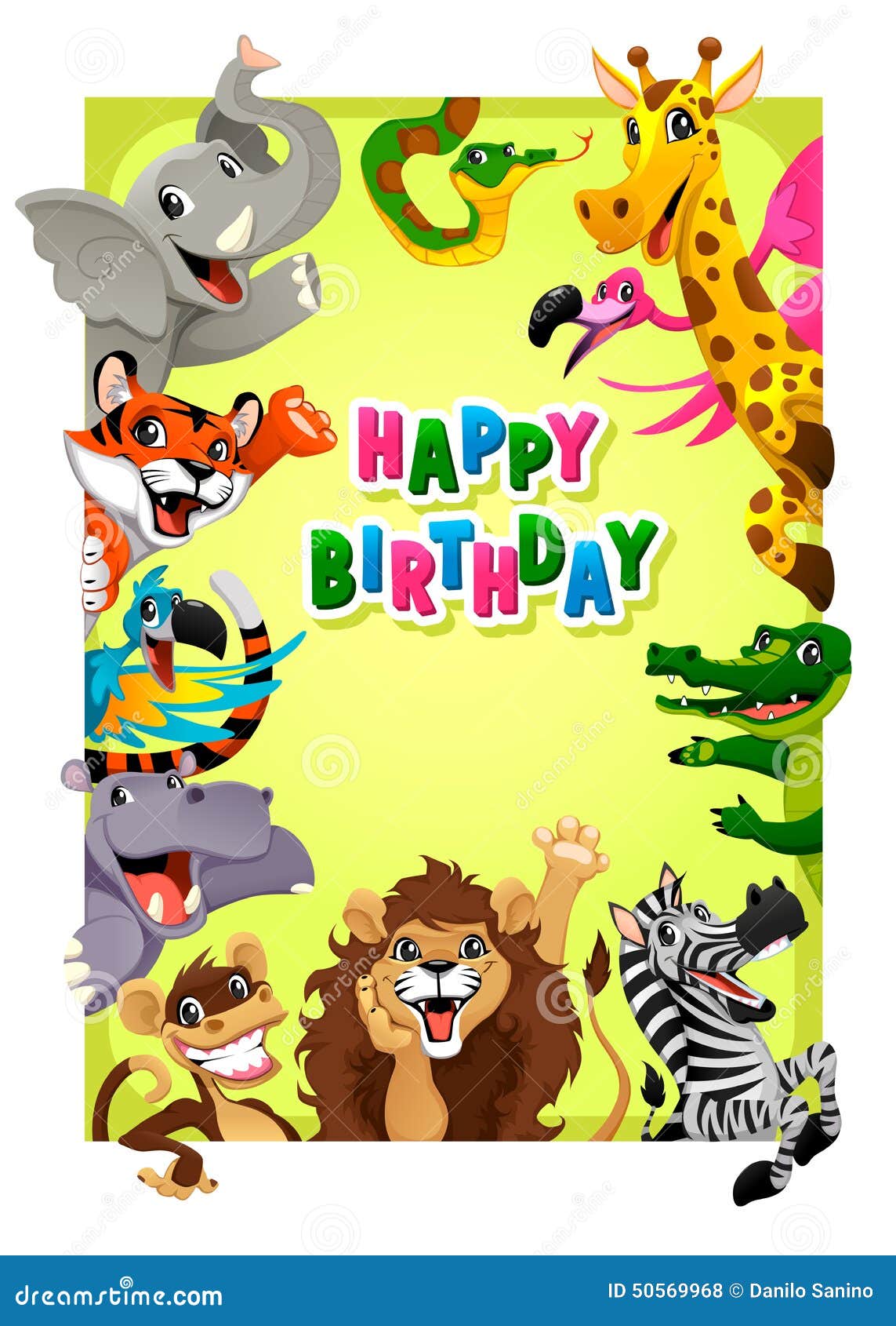 Biglietto Di Auguri Per Il Compleanno Felice Con Gli Animali Della Giungla Illustrazione Vettoriale Illustrazione Di Selvaggio Felice