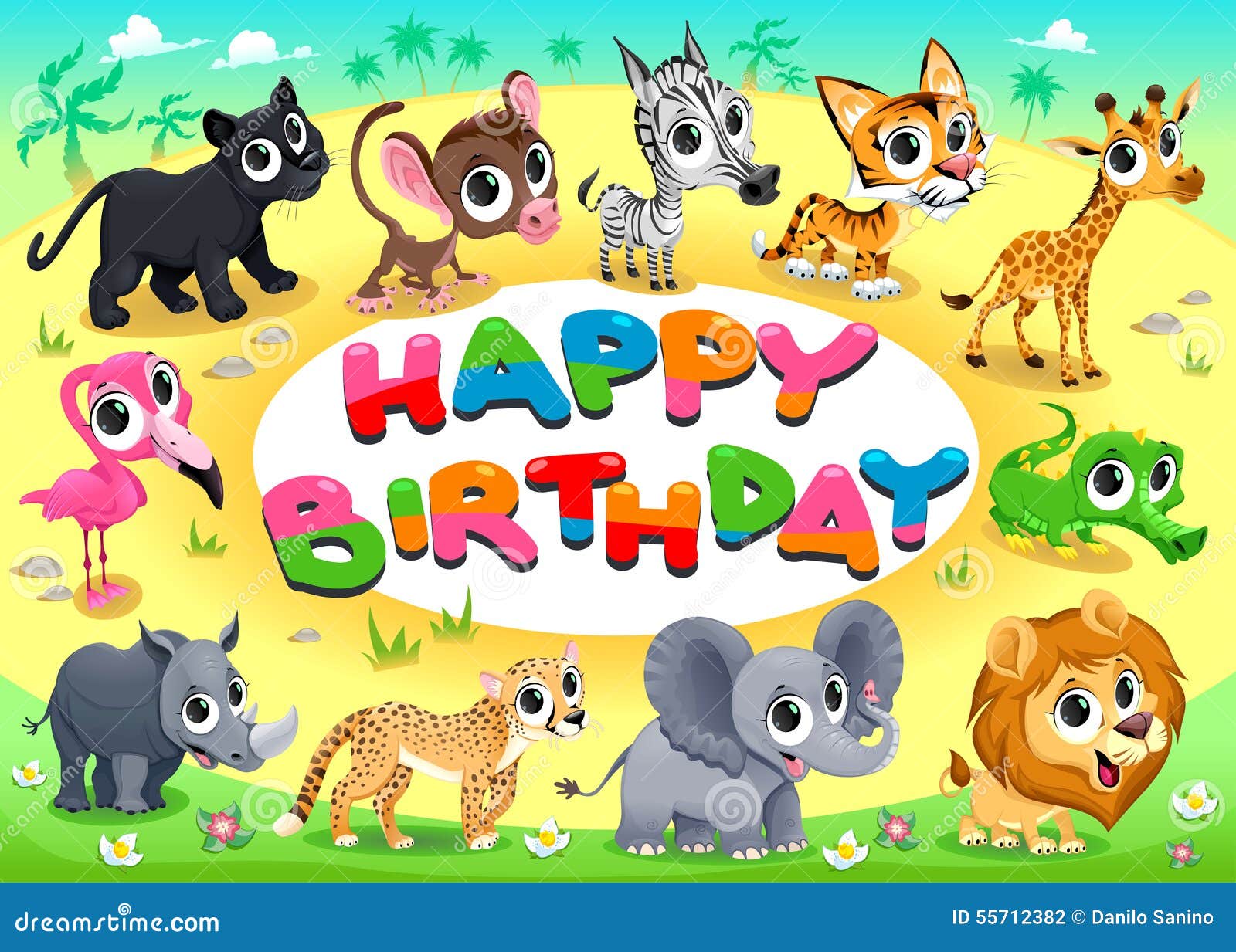 Biglietto Di Auguri Per Il Compleanno Felice Con Gli Animali Della Giungla Illustrazione Vettoriale Illustrazione Di Tigre Giovane 55712382