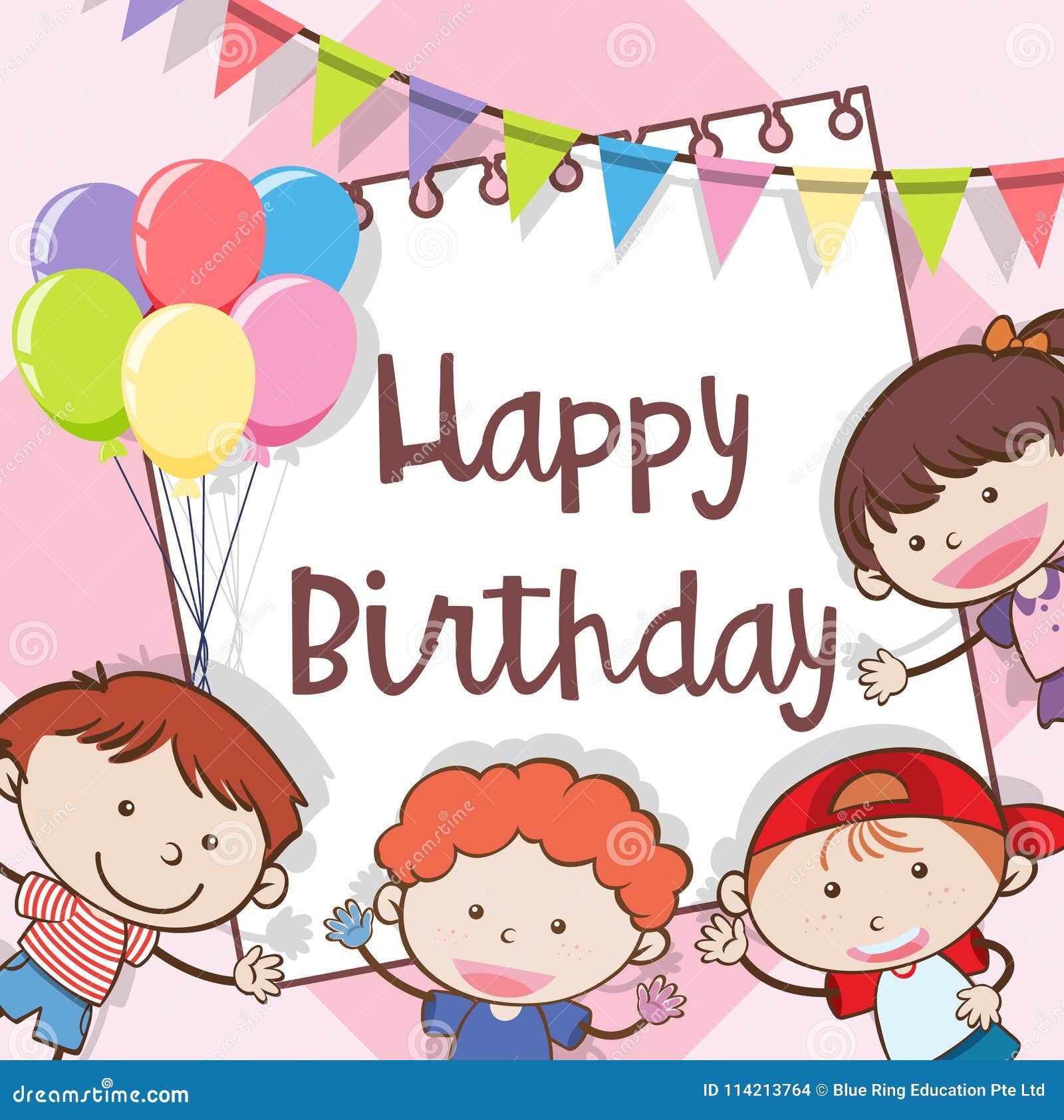 Biglietto Di Auguri Per Il Compleanno Felice Con I Bambini Illustrazione Vettoriale Illustrazione Di Telaio Bandiera