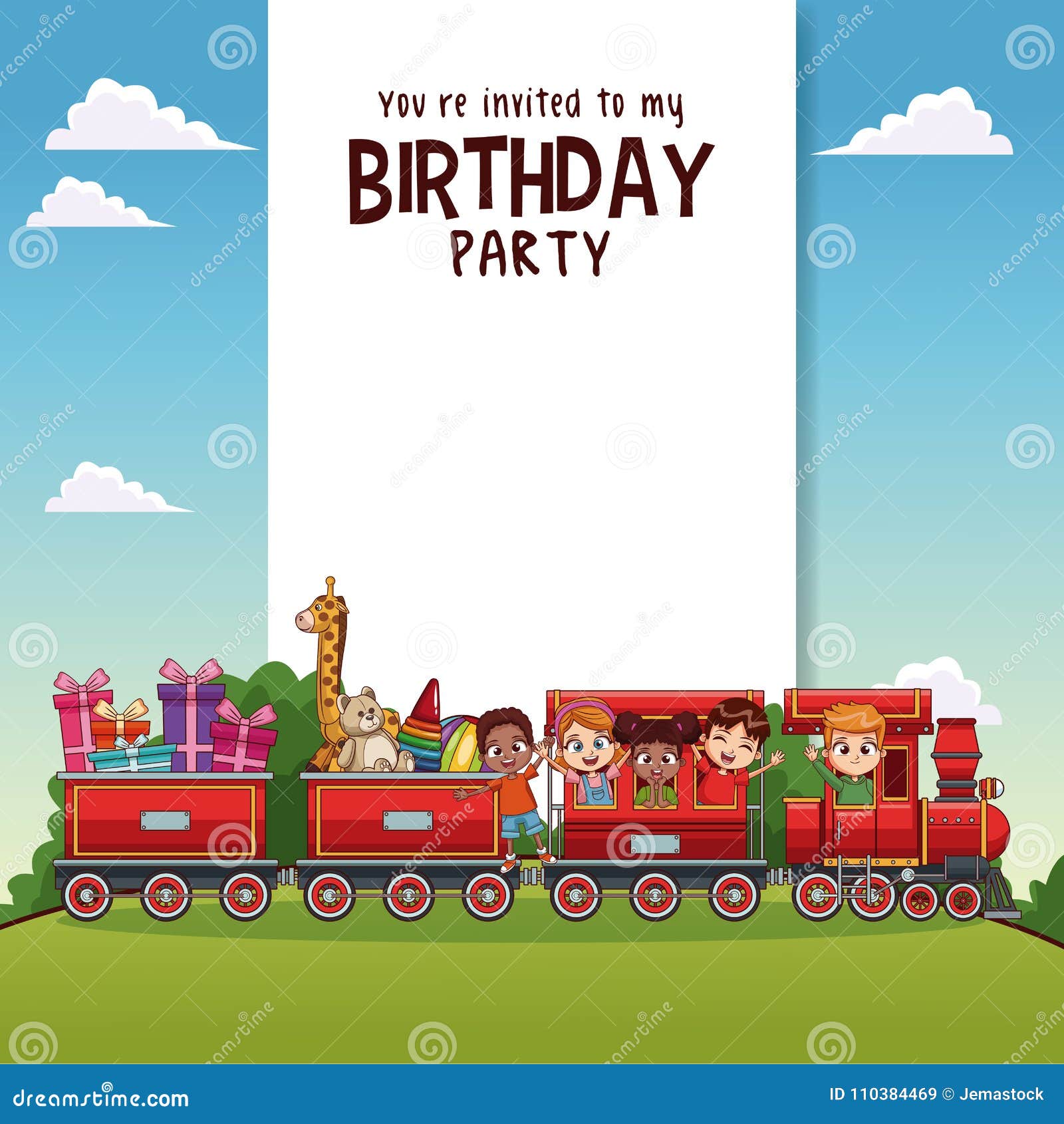 Biglietto Di Auguri Per Il Compleanno Felice Con I Bambini Sul Treno  Illustrazione Vettoriale - Illustrazione di celebrazione, invito: 110384469