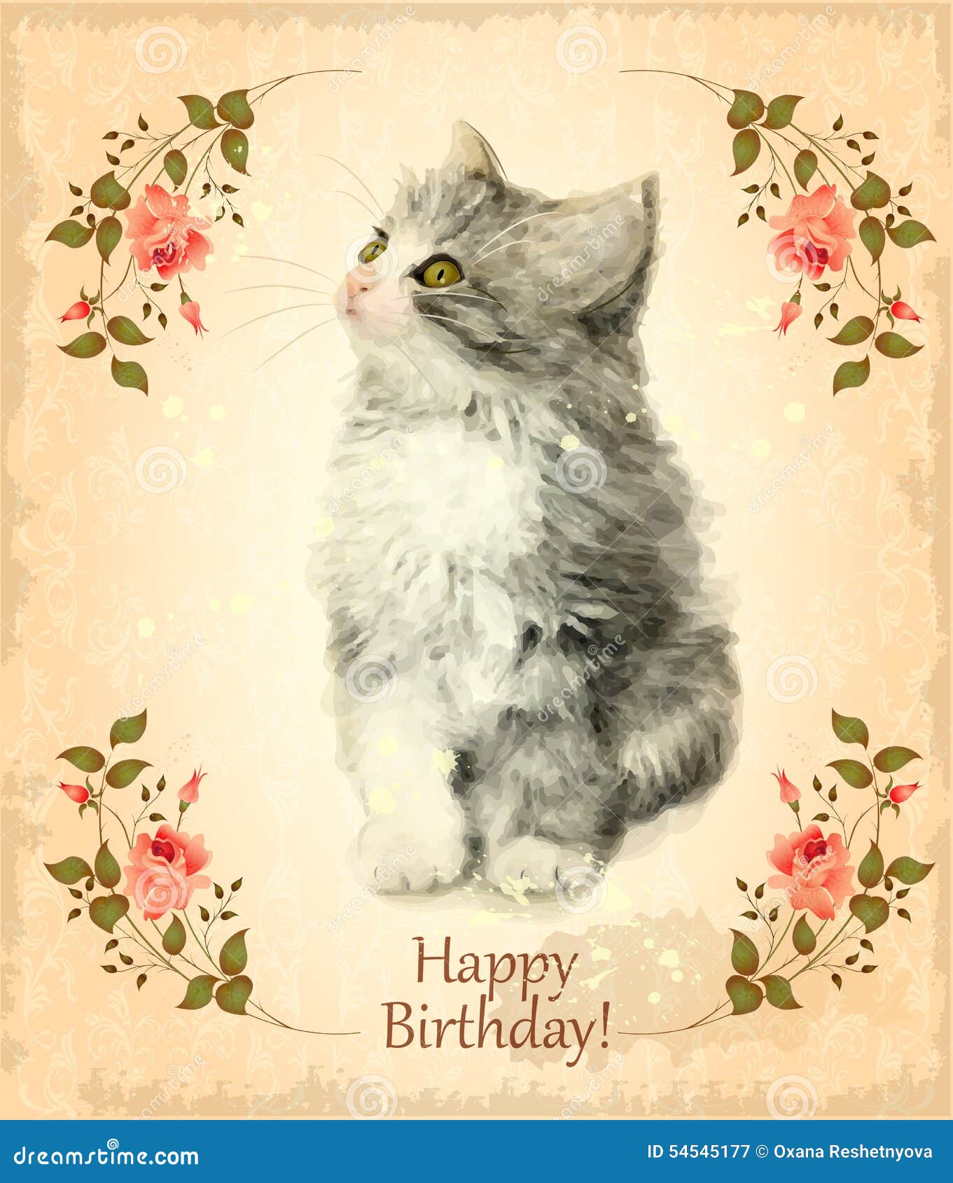 Biglietto Di Auguri Per Il Compleanno Felice Con Il Gattino Lanuginoso Illustrazione Vettoriale Illustrazione Di Scheda Doodle