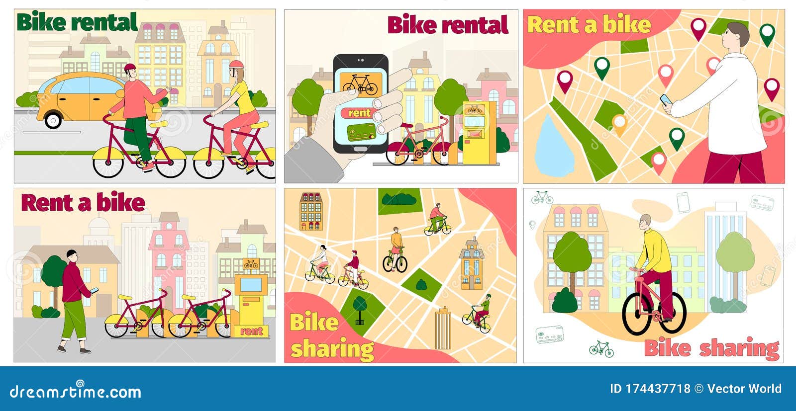 Bike Rental, Sharing Vector Transportation Hand Drawn Illustration