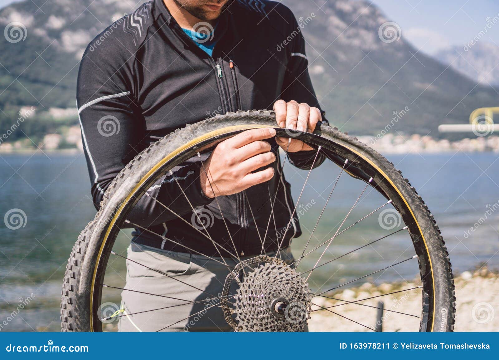 Bike Repair Man Repairing Mountain Bike Cyclist Man In Trouble Rear Wheel Wheel Case Of Accident Man Fixes Bike Near Stock Image Image Of Person Puncture